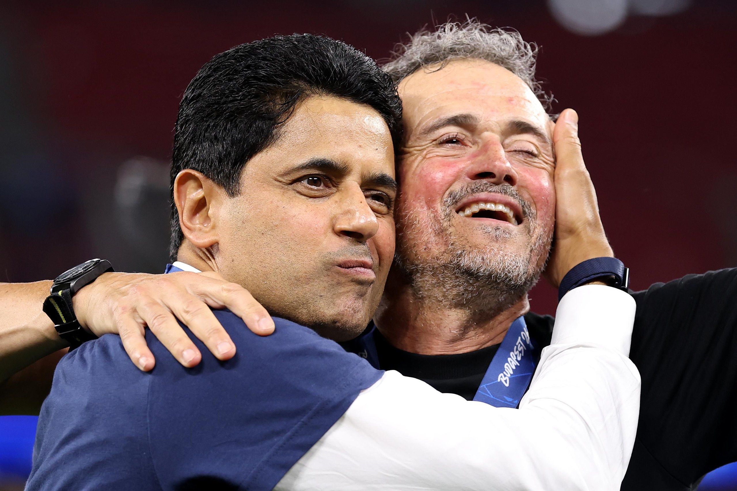 Nasser al-Khelaifi hugs Luis Enrique