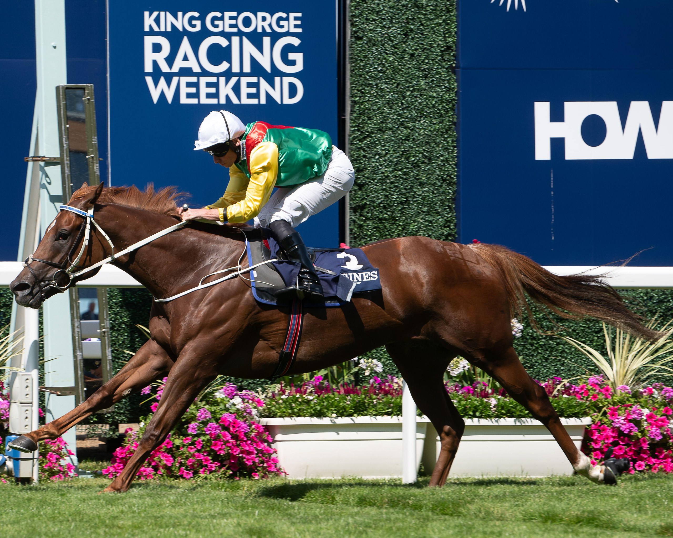 Kon Tiki, ridden by jockey Ryan Moore, wins the Longines Valiant Stakes.