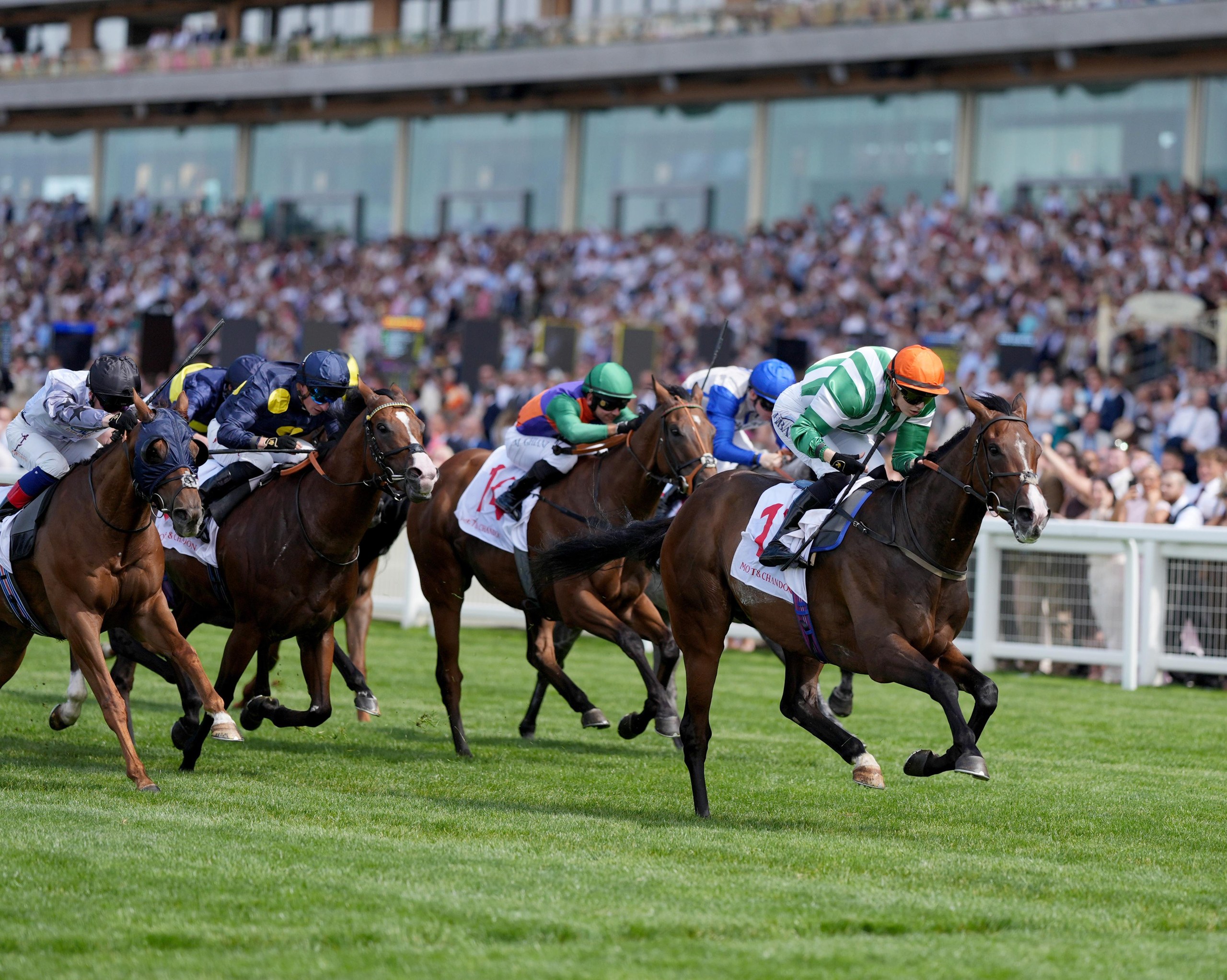 Jockey Saffie Osborne on Amazing Journey (right) on their way to winning the Moet & Chandon International Handicap.