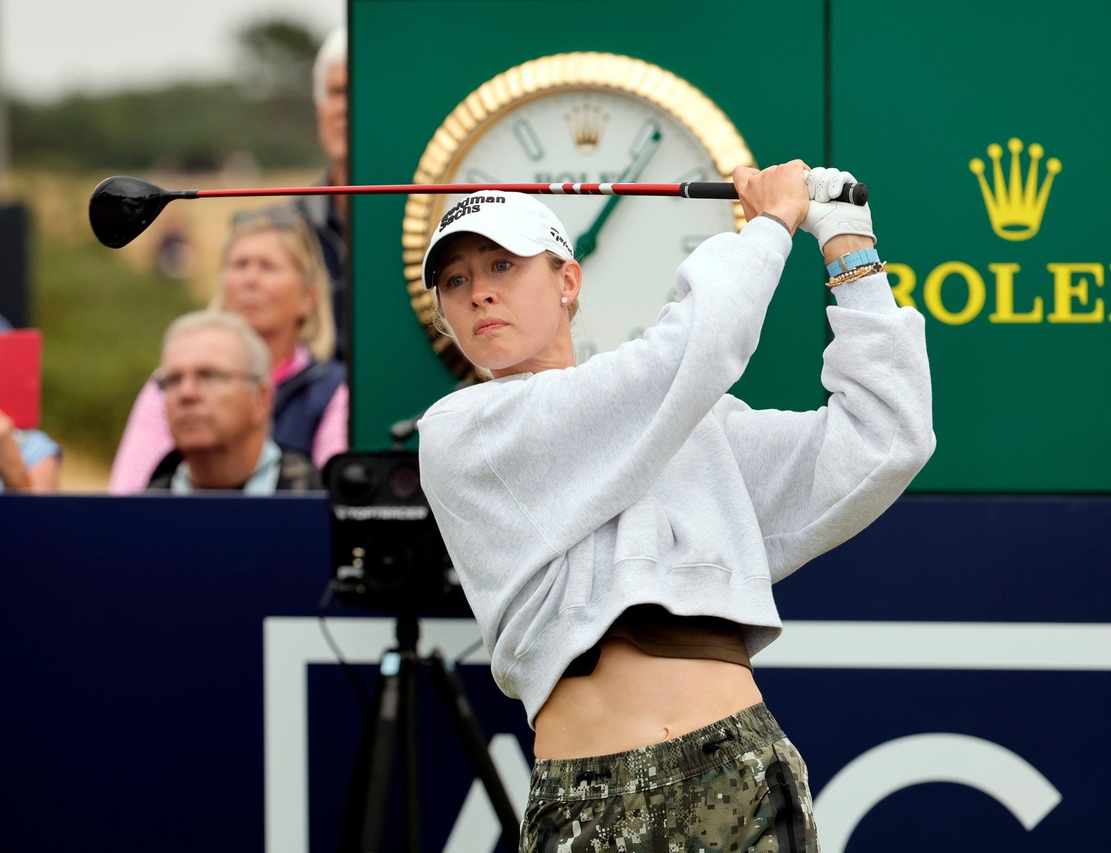 Nelly Korda watching a drive during her follow-through on a practice round at Royal Lytham