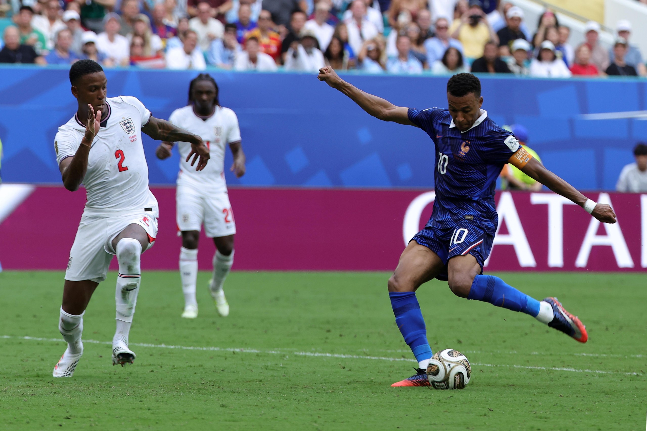 Kylian Mbappe lashes a left foot shot home to score
