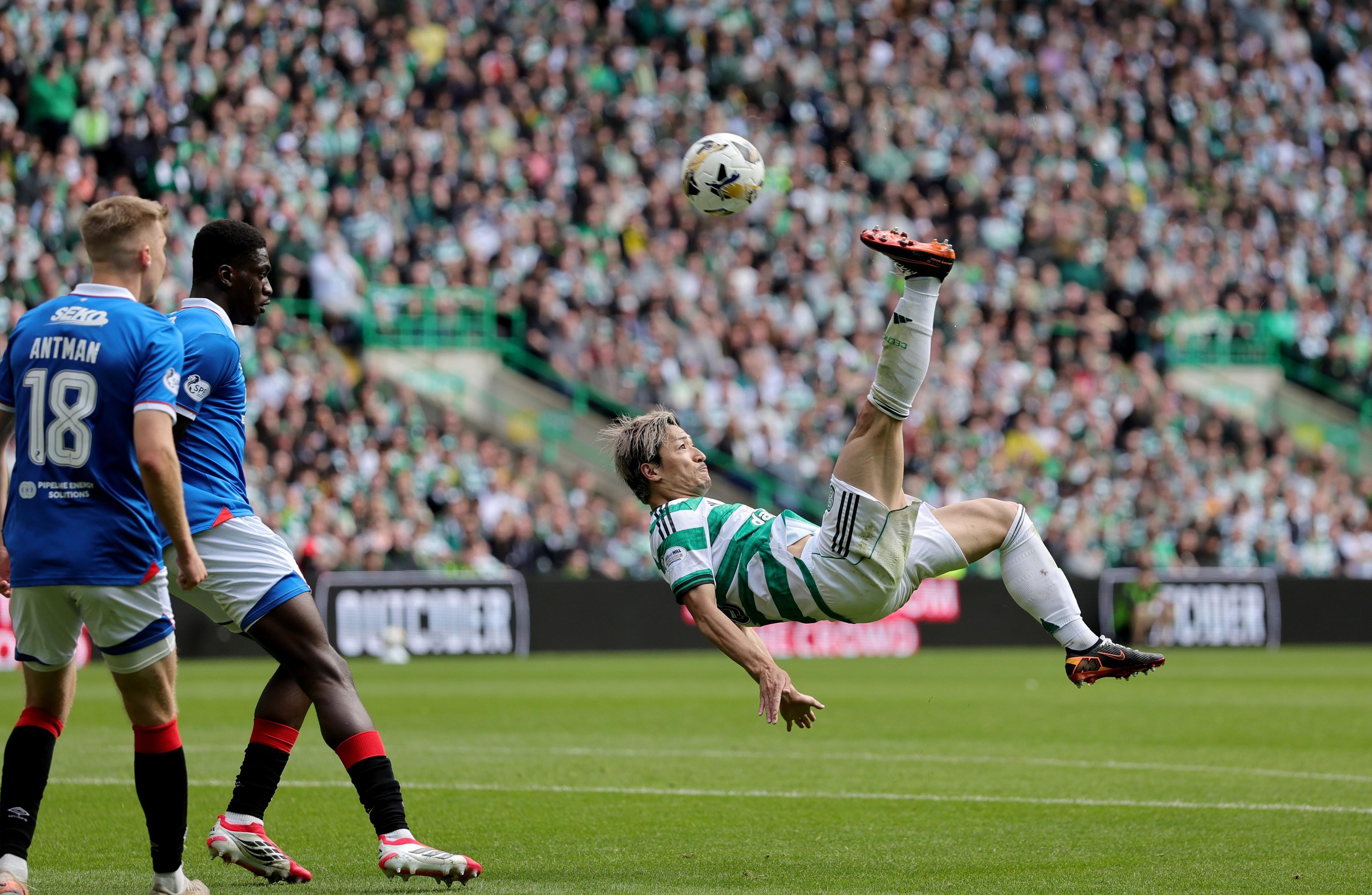 Daizen Maeda scores with an overhead kick against Rangers in May 2026.
