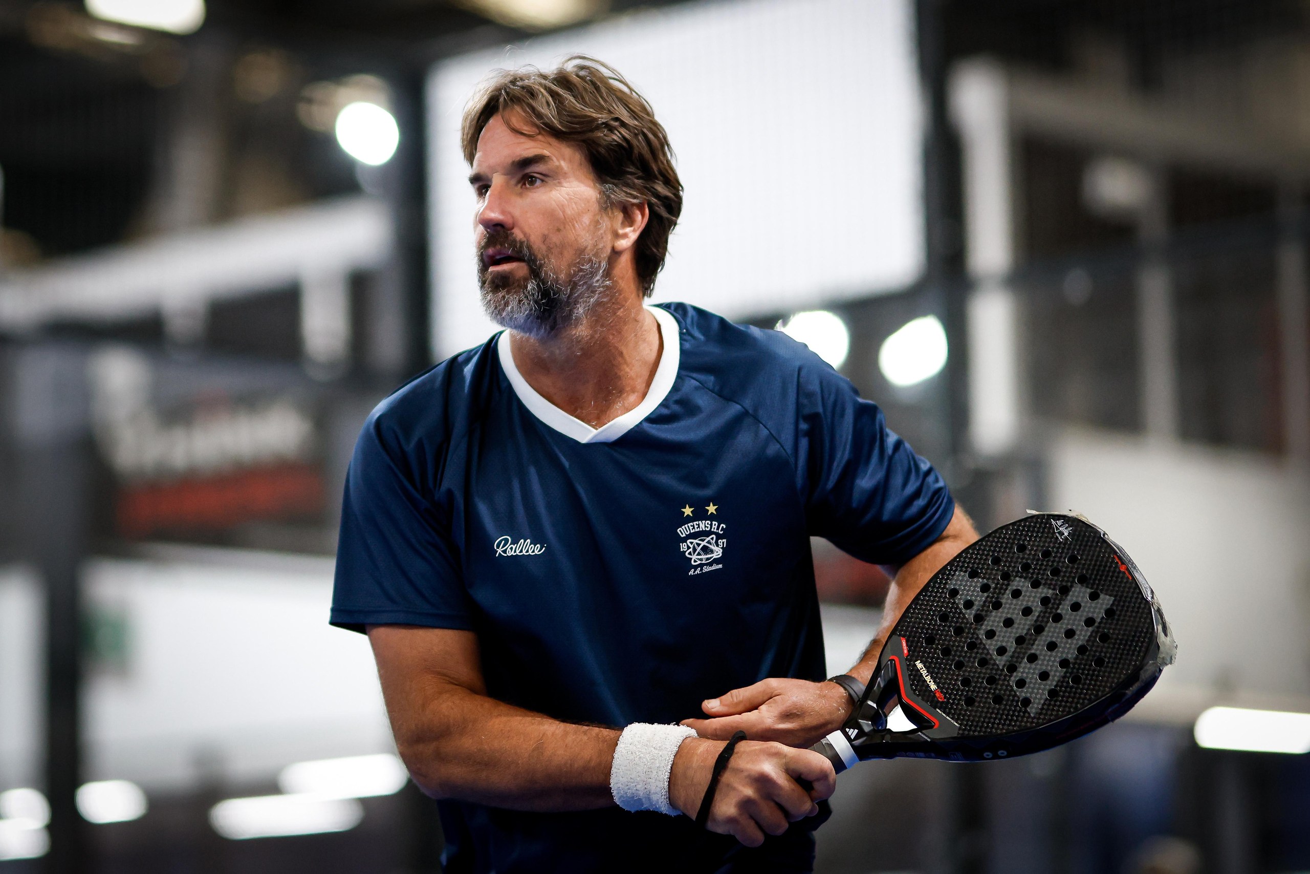 Pat Rafter in action during a Masters Men’s 35+ match at The Nordic Padel in April.