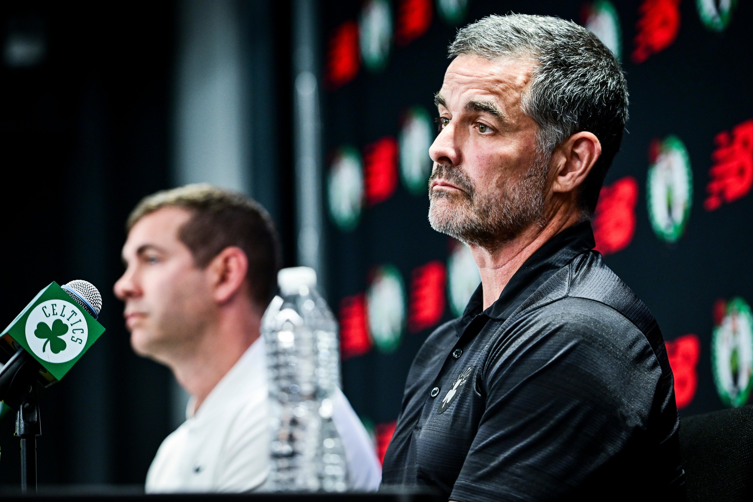 Celtics president of basketball operations Brad Stevens (left) and lead owner Bill Chisholm speak during a media availability on Monday in Boston.