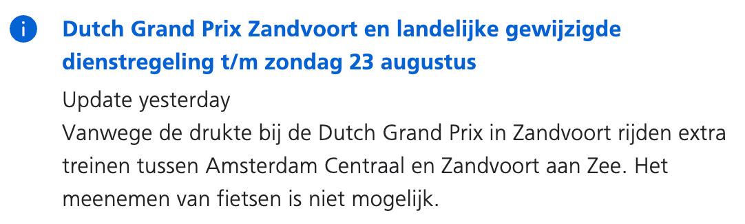 Screenshot showing transport problems getting to the Dutch Grand Prix