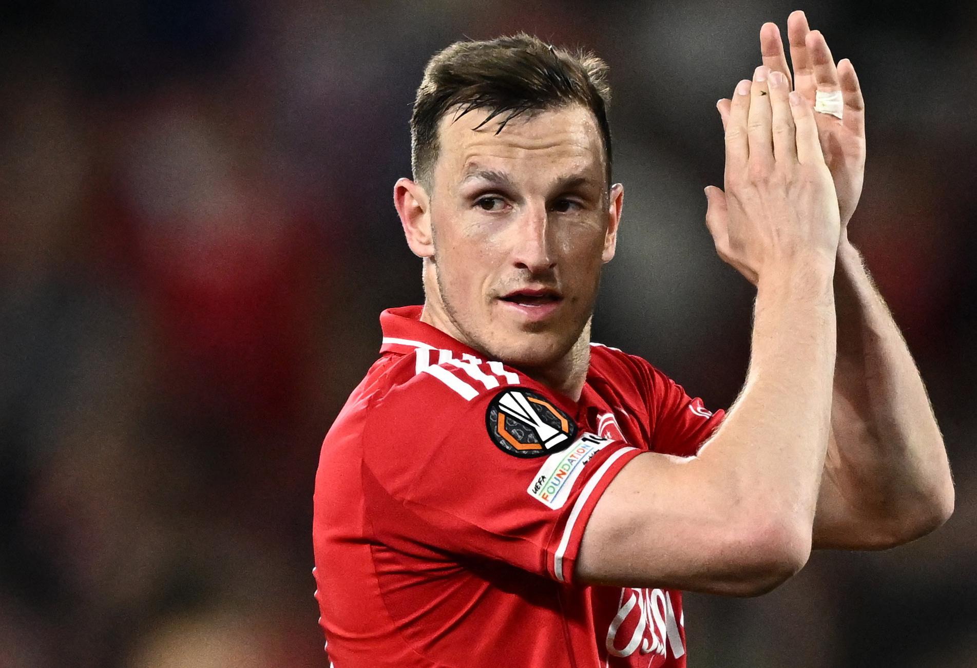 Nottingham Forest's Chris Wood applauds fans after the match.