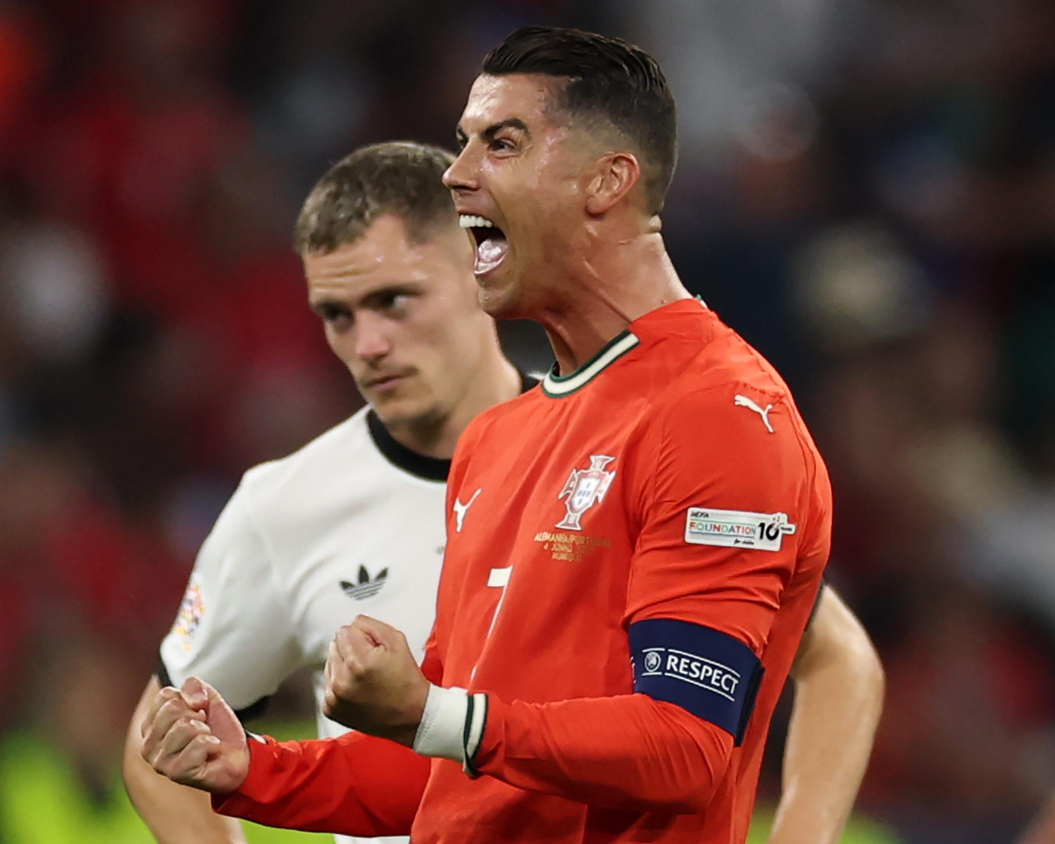 Portugal’s Cristiano Ronaldo celebrates scoring their second goal against Germany.
