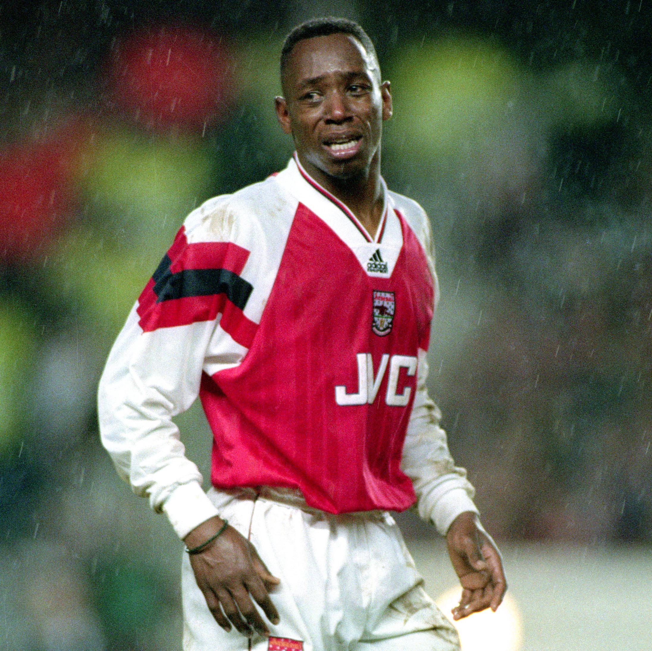 Ian Wright of Arsenal reacts after committing a foul and earning a yellow card, making him miss the 1994 Cup Winners’ Cup final.