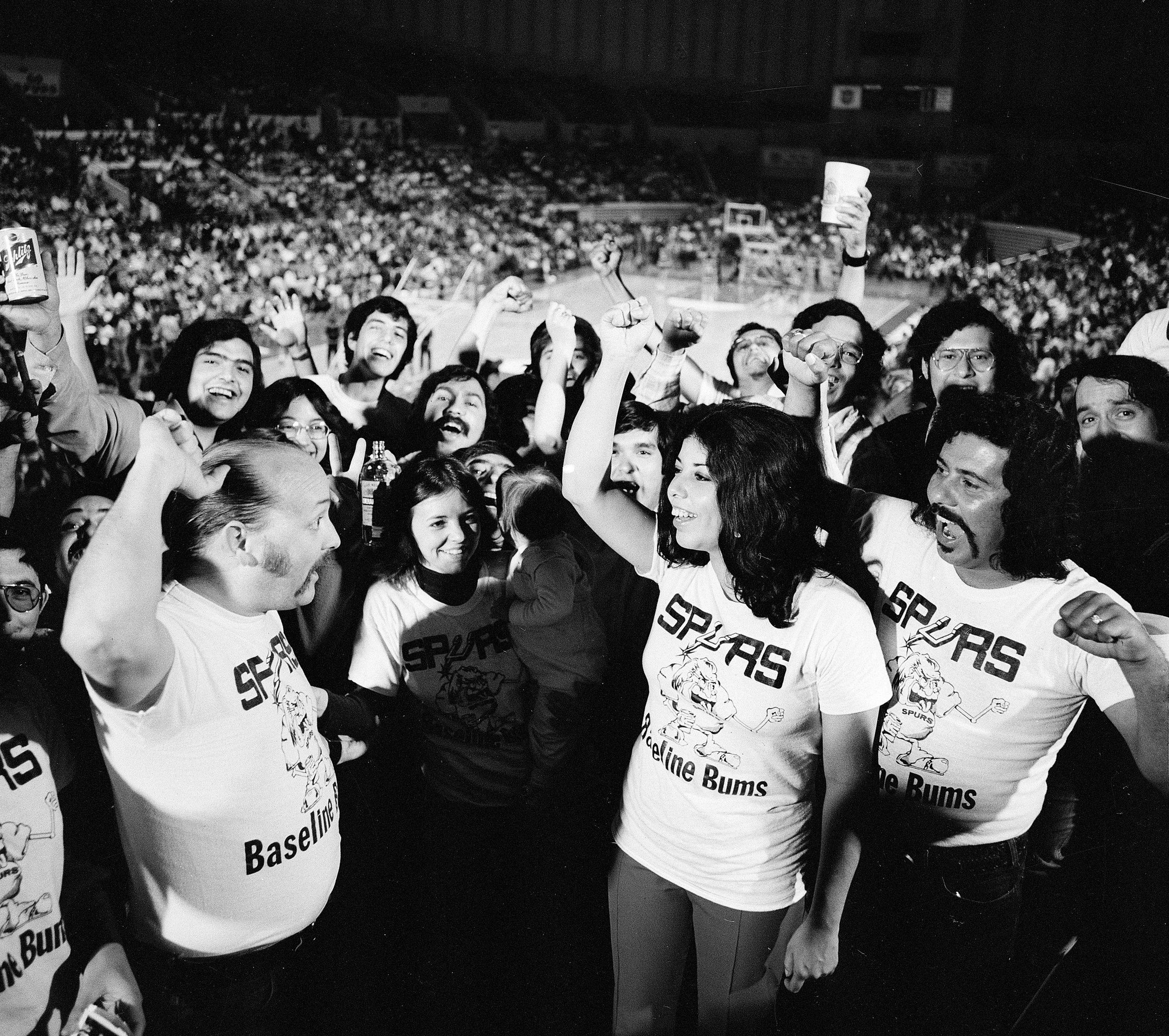The San Antonio Spurs’ Baseline Bums fans look on before a 1975 game agains the Denver Nuggets.
