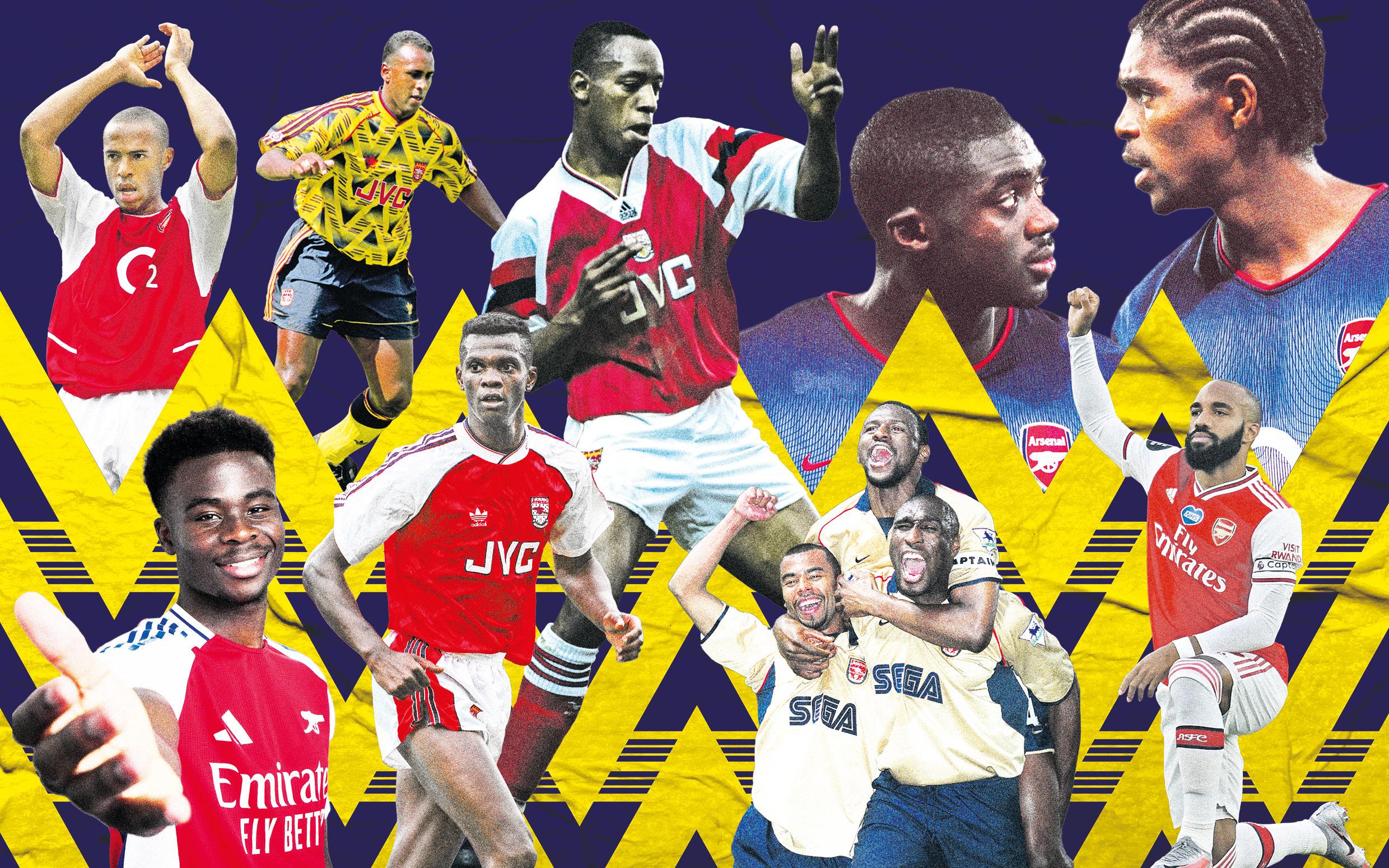 Clockwise from top left, Thierry Henry, David Rocastle, Ian Wright, Kolo Toure and Nwankwo Kanu, Alexandre Lacazette, Ashley Cole, Patrick Vieira and Sol Campbell, Paul Davis.