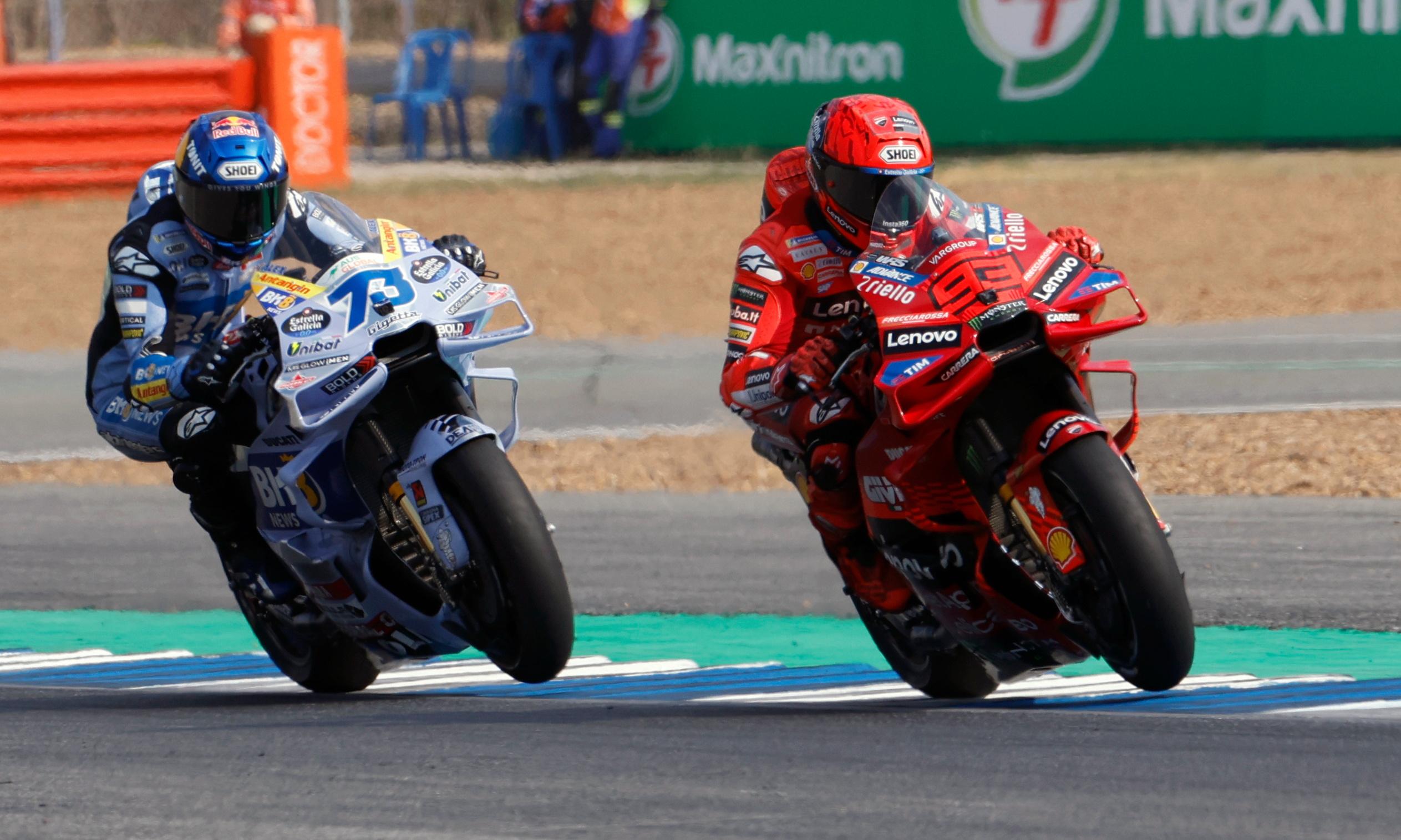 Marc Márquez of Ducati Lenovo ahead of his brother, Alex Márquez of Gresini Racing during the Thailand Grand Prix.