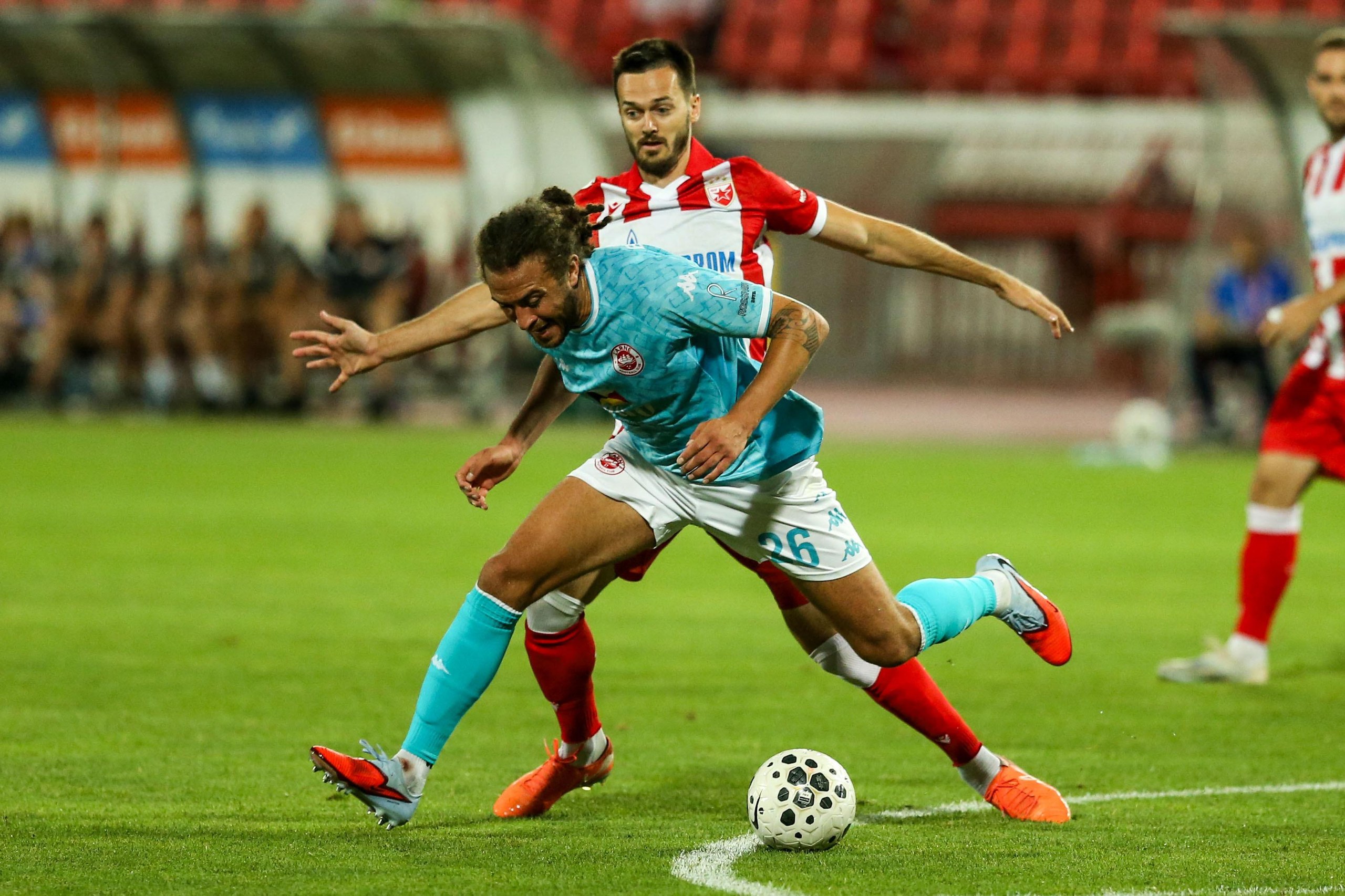 Dan Bent playing for Larne at Red Star Belgrade in the Champions League qualifiers