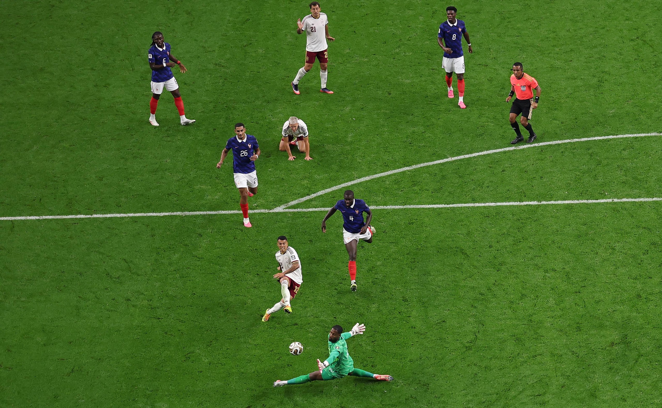 Pedro Porro calmly slots in the second goal to put the game beyond France’s reach.