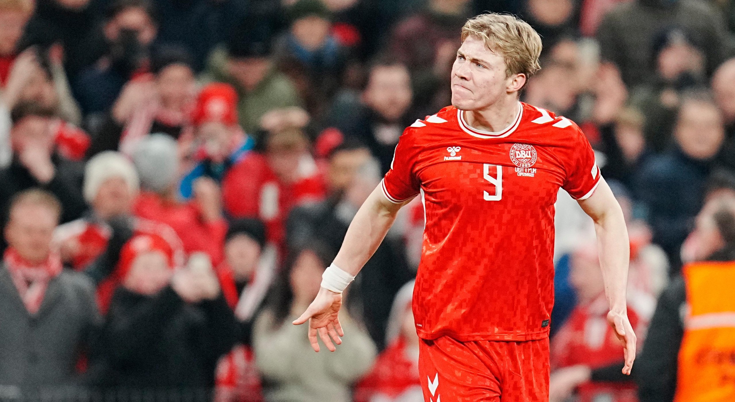 Rasmus Højlund celebrates his winner against Portugal for Denmark.