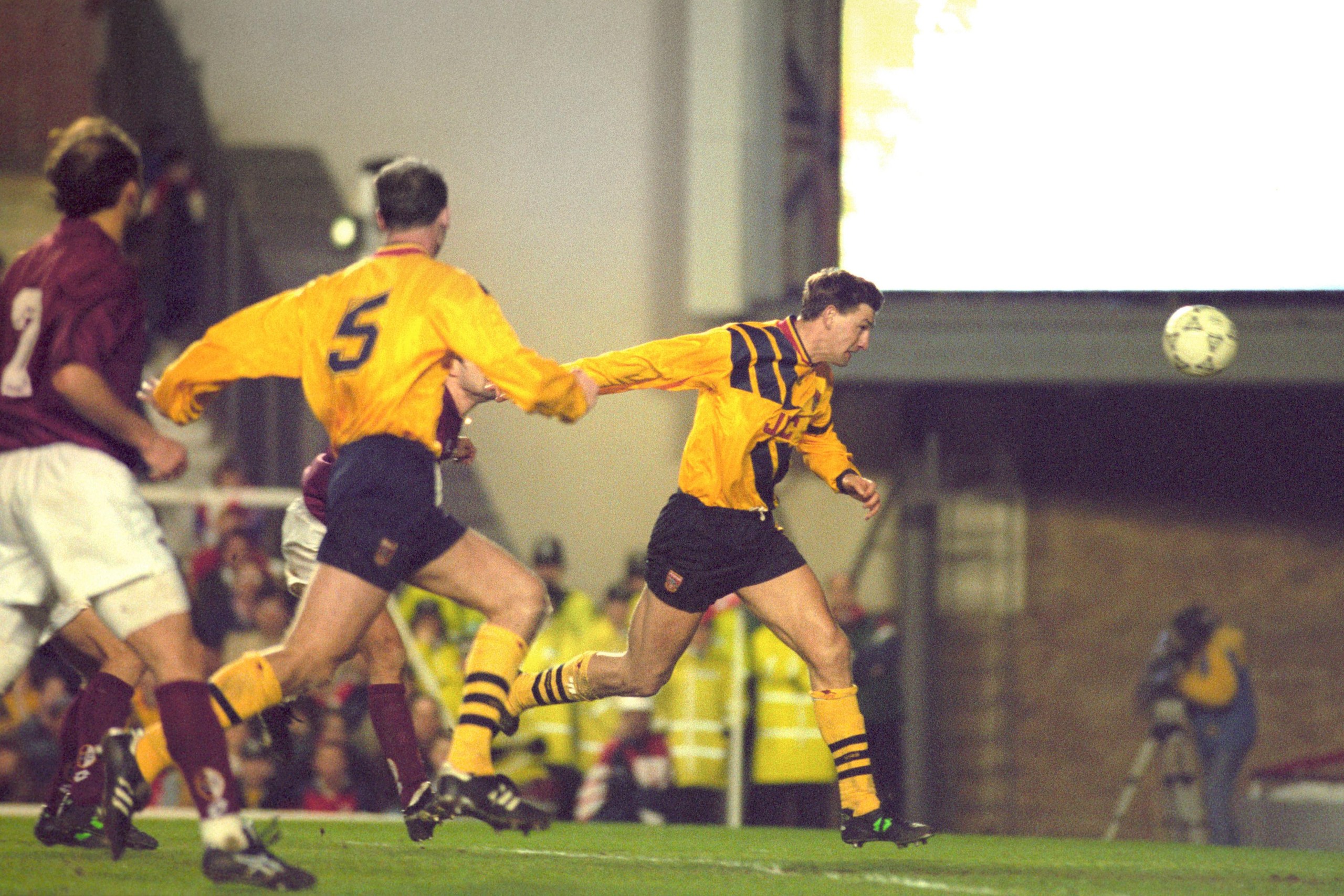 Tony Adams heads home the only goal at Highbury to put Arsenal into the Cup Winners’ Cup semi-final.