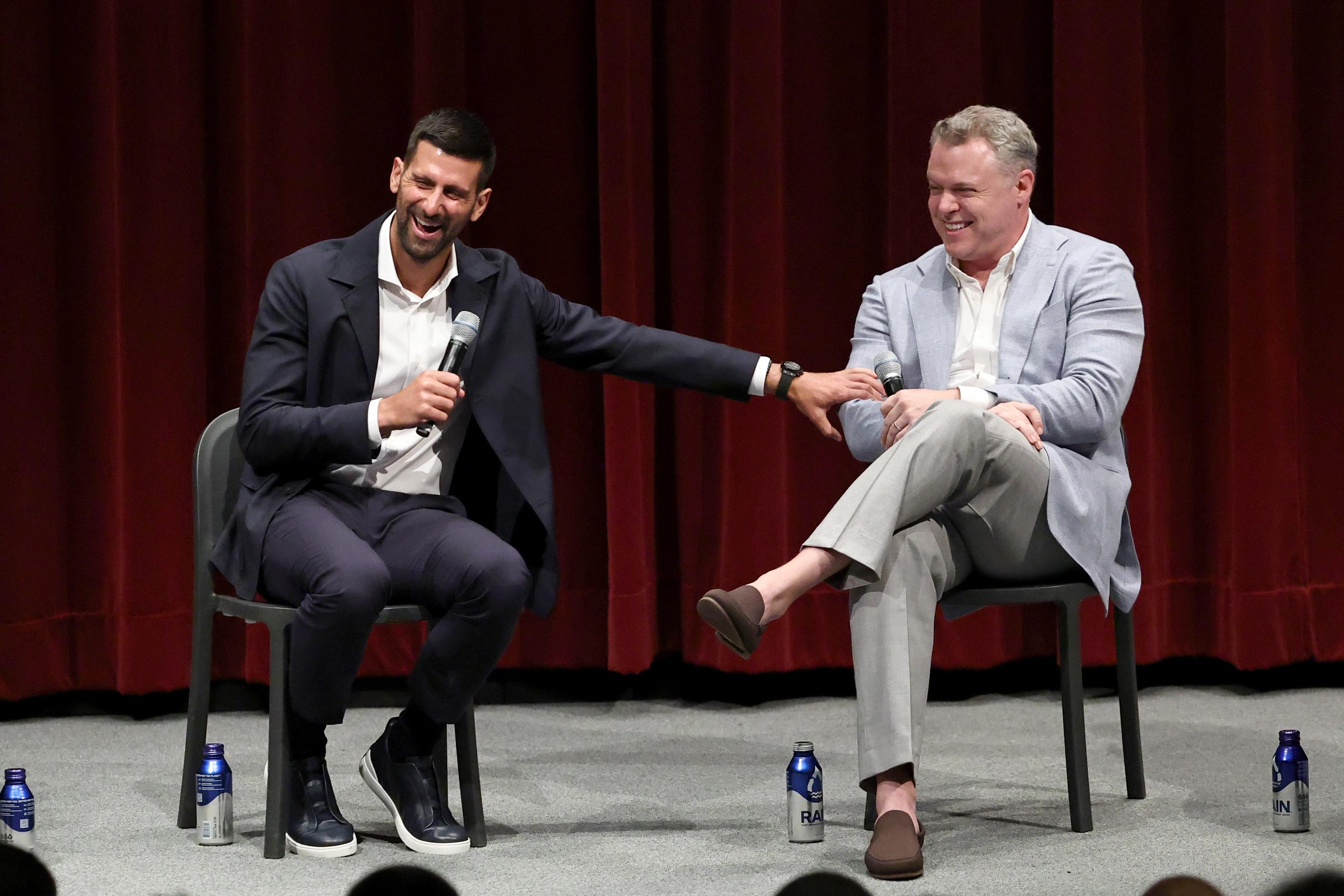Novak Djokovic (left)) and Jason Hehir speak onstage during the Novak Djokovic: The Wolf In Winter world premiere at MoMA last month in New York.