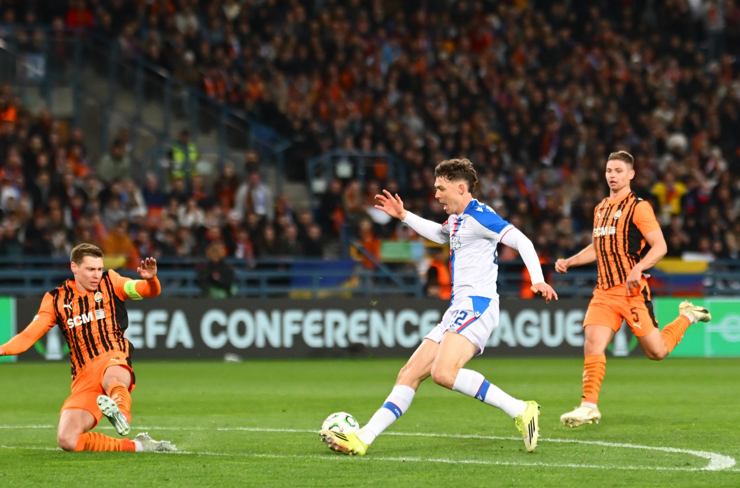 Jorgen Strand Larsen cuts inside before scoring Crystal Palace’s third goal of the game.