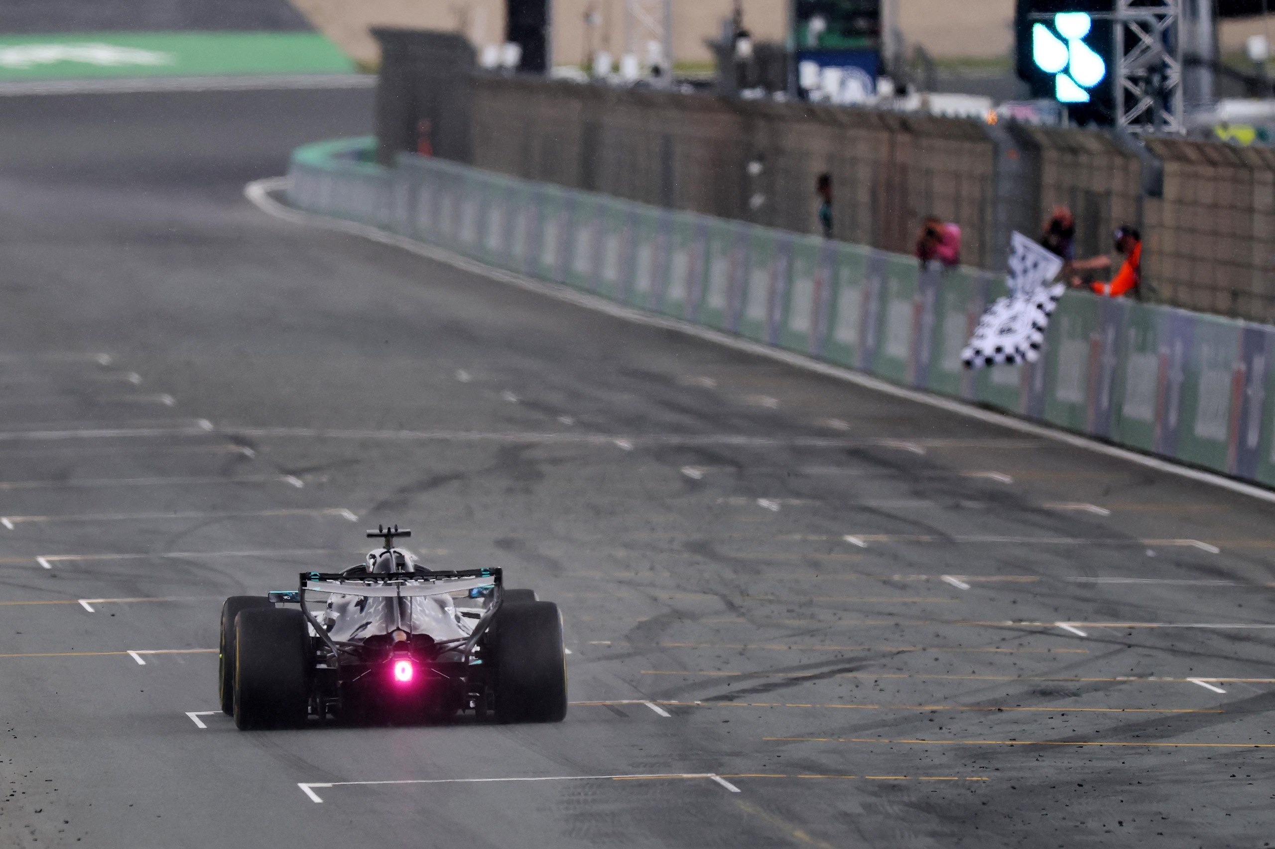 George Russell crosses the line to win the sprint race in Zandvoort.