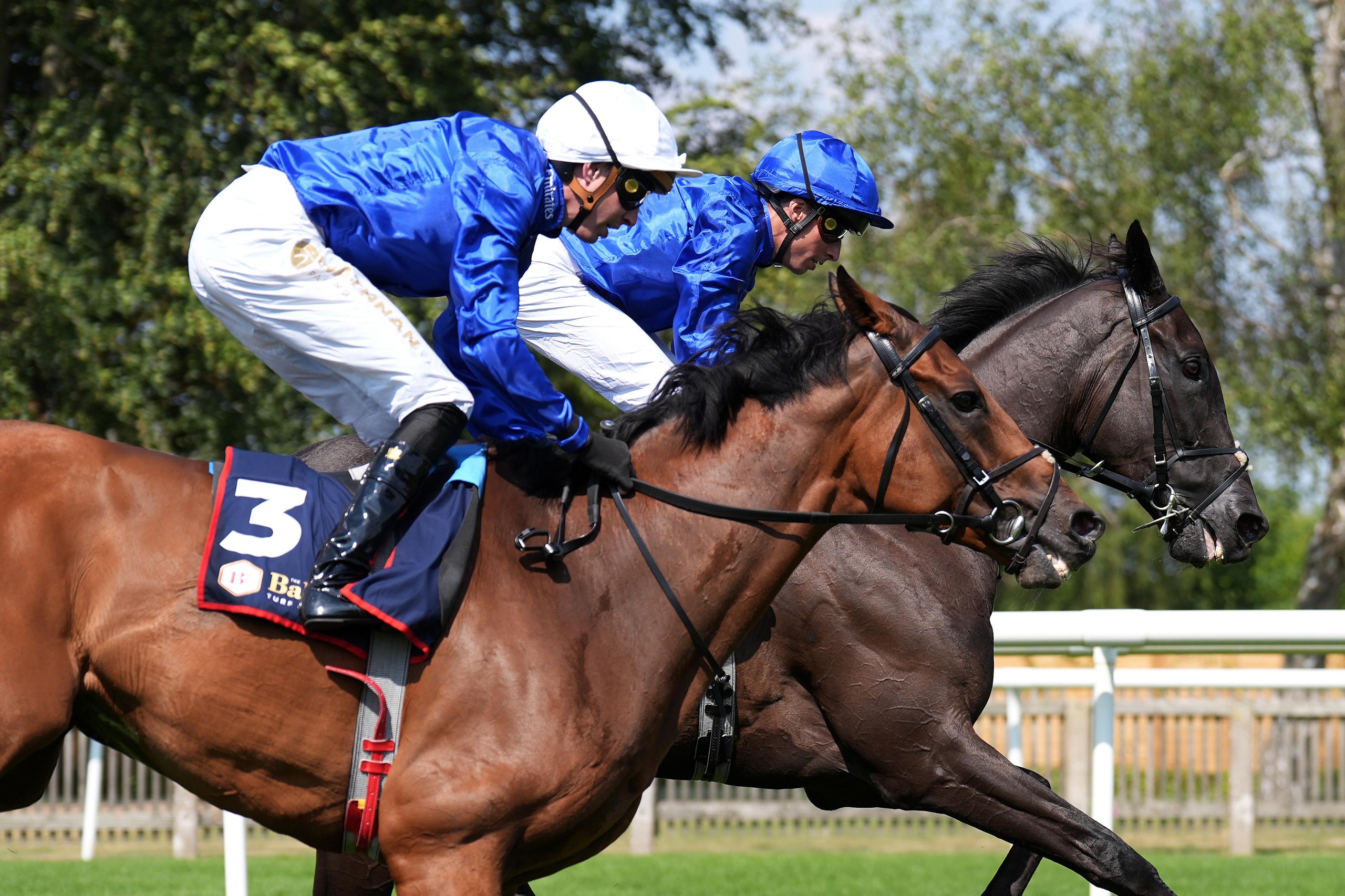 Rebel’s Romance, ridden by William Buick (right) on his way to winning the Princess Of Wales’s Stakes at Newmarket.