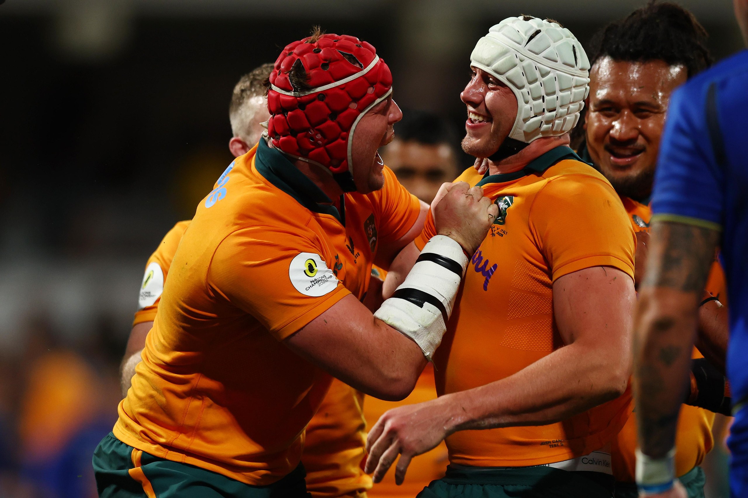 Josh Canham scores the Wallabies’ seventh try during the Nations Championship match against Italy at HBF Park