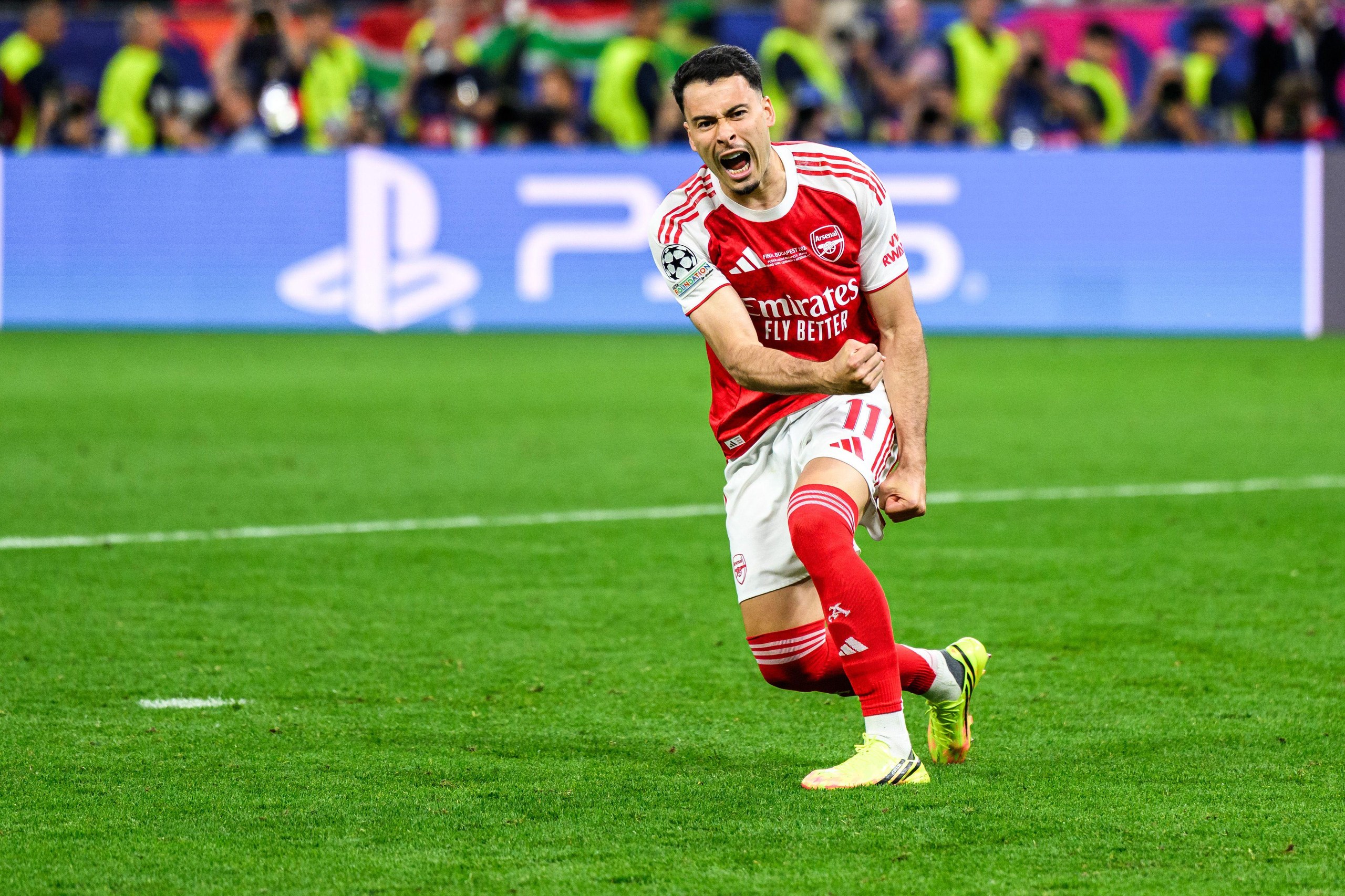 Gabriel Martinelli of Arsenal celebrates in a penalty shoot-out.