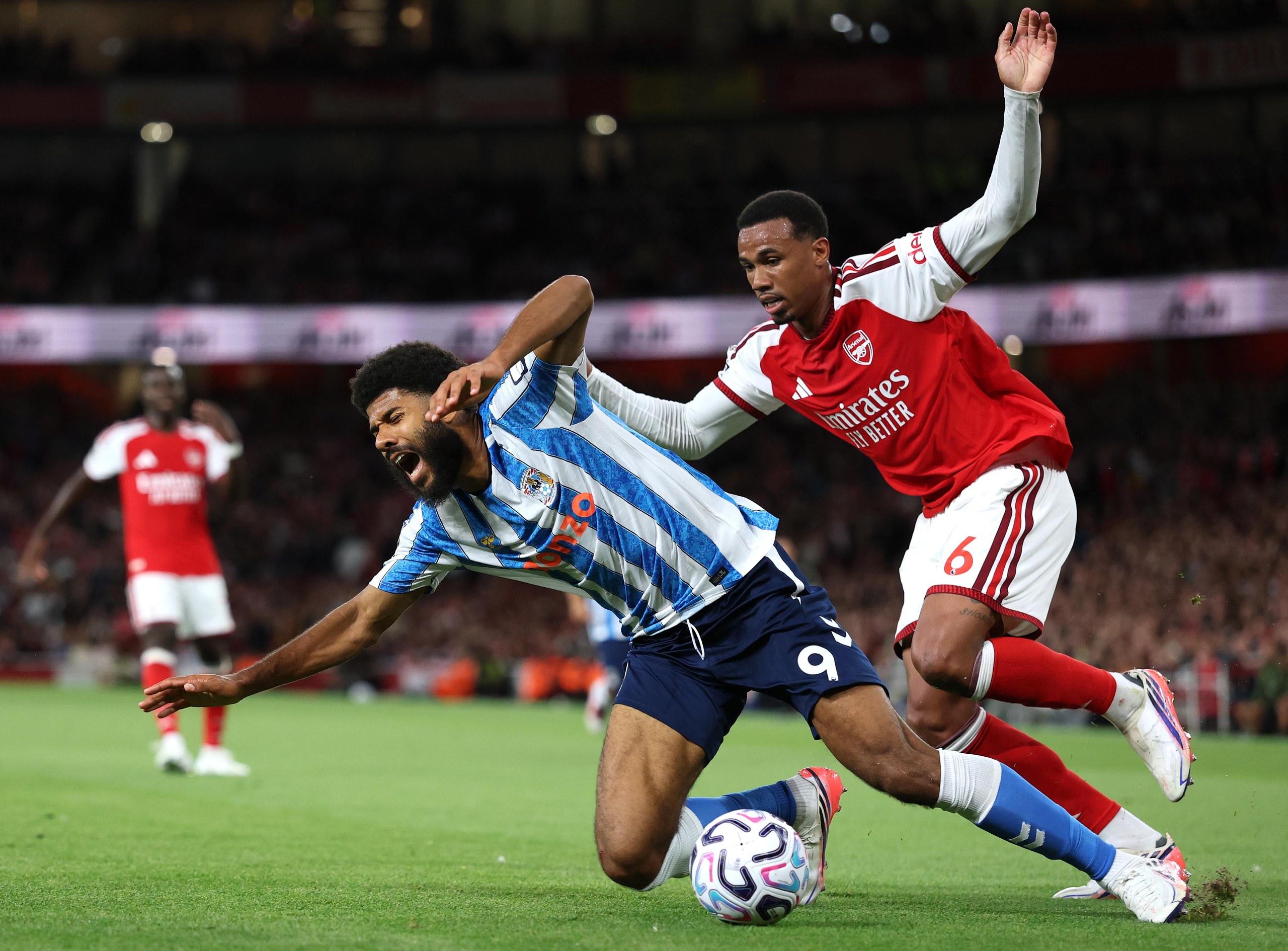 Gabriel goes into the book for a foul on Ellis Simms on the edge of the box.