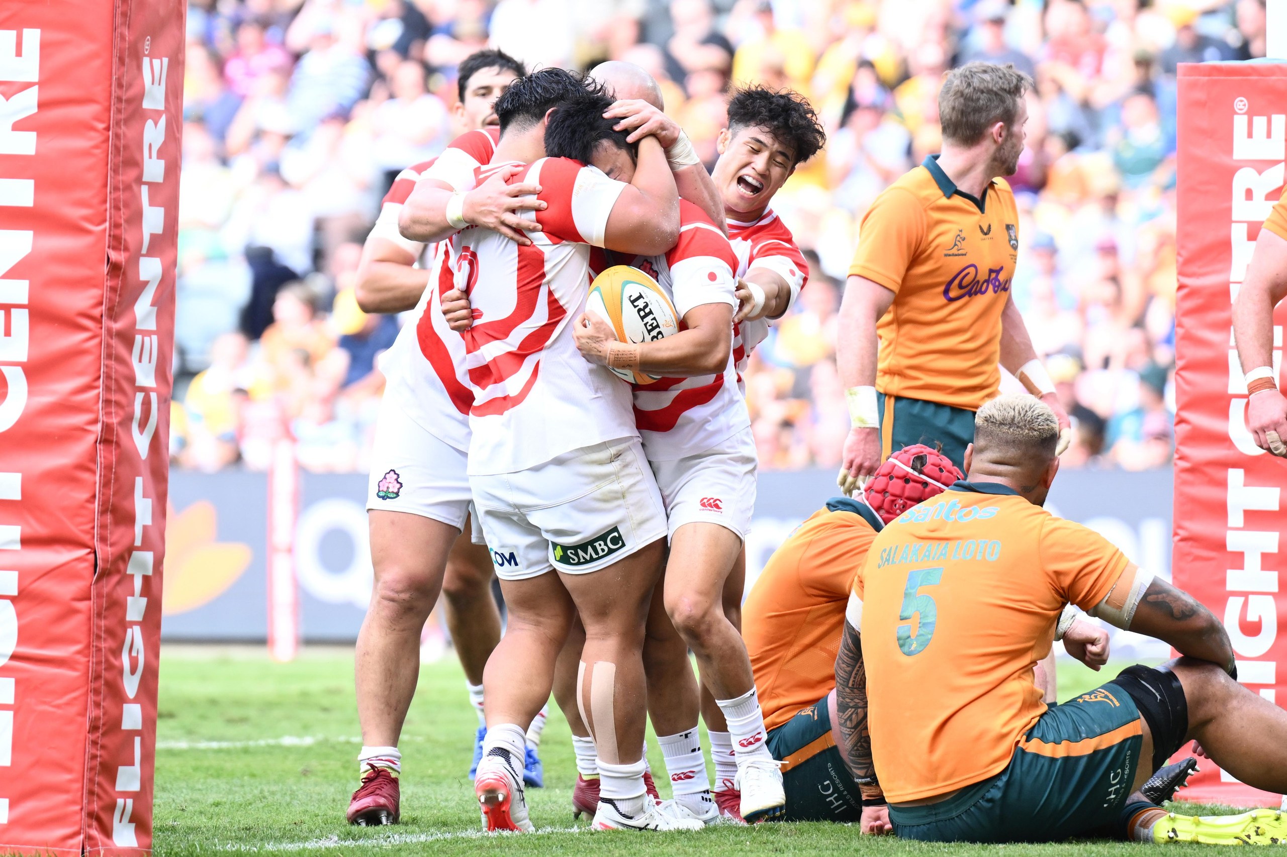 Naoto Saito celebrates a try for Japan against the Wallabies in Townsville