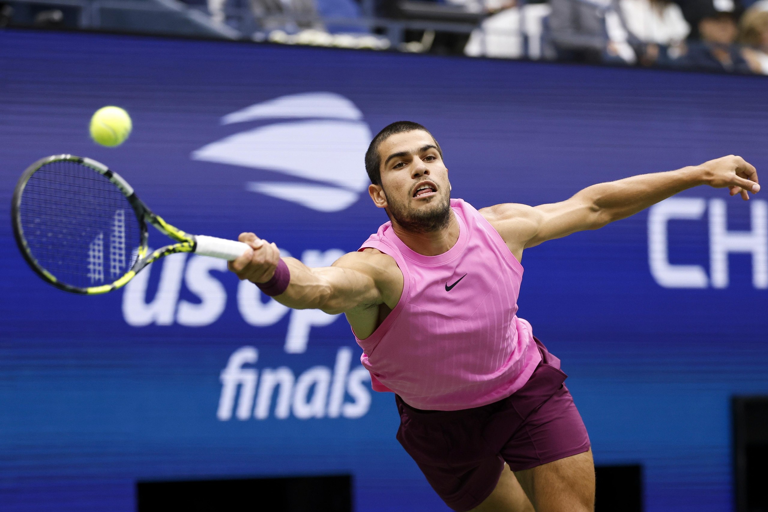 Carlos Alcaraz of Spain in action against Jannik Sinner of Italy.