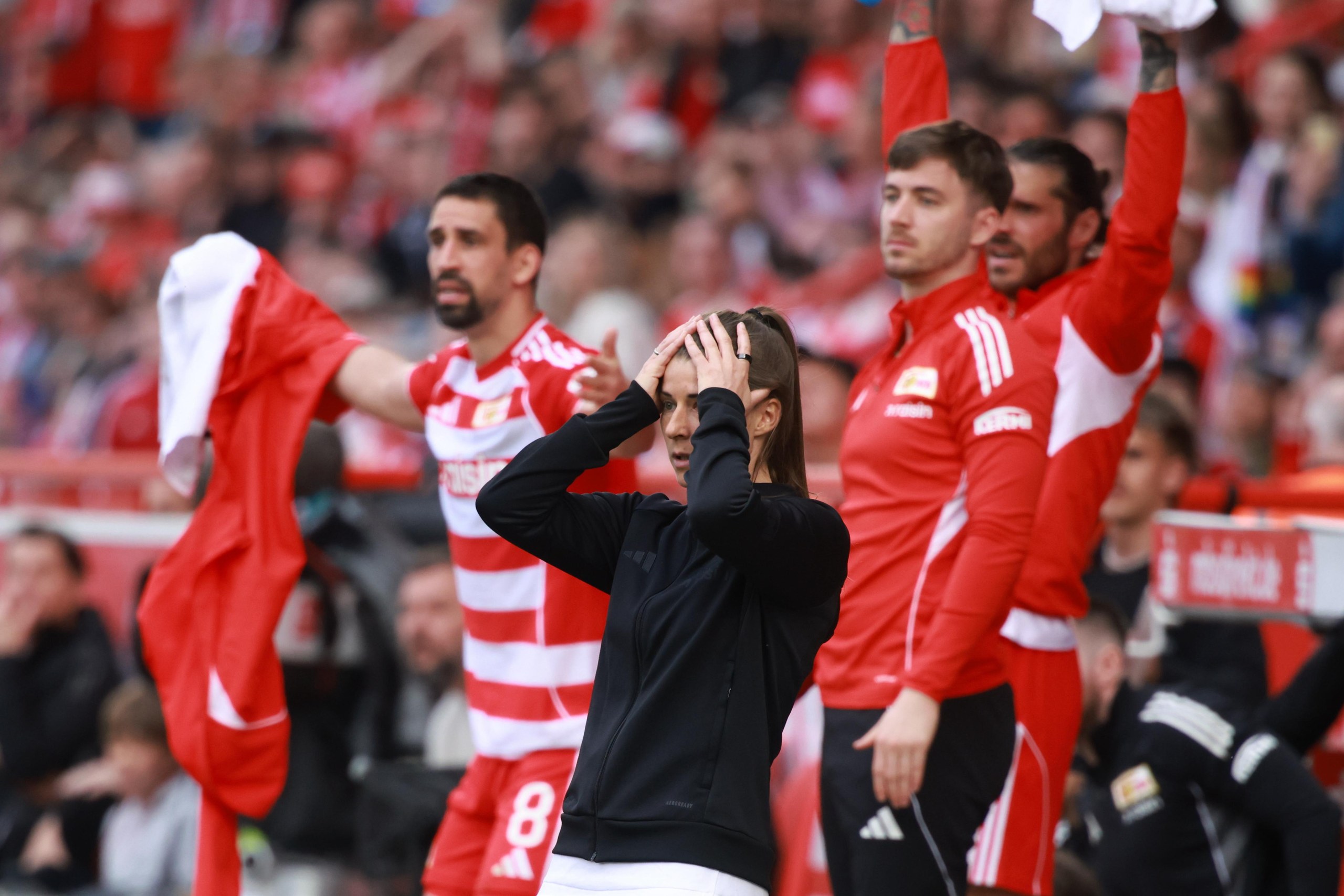 Marie-Louise Eta reacts during the Bundesliga match between Union Berlin and Wolfsburg