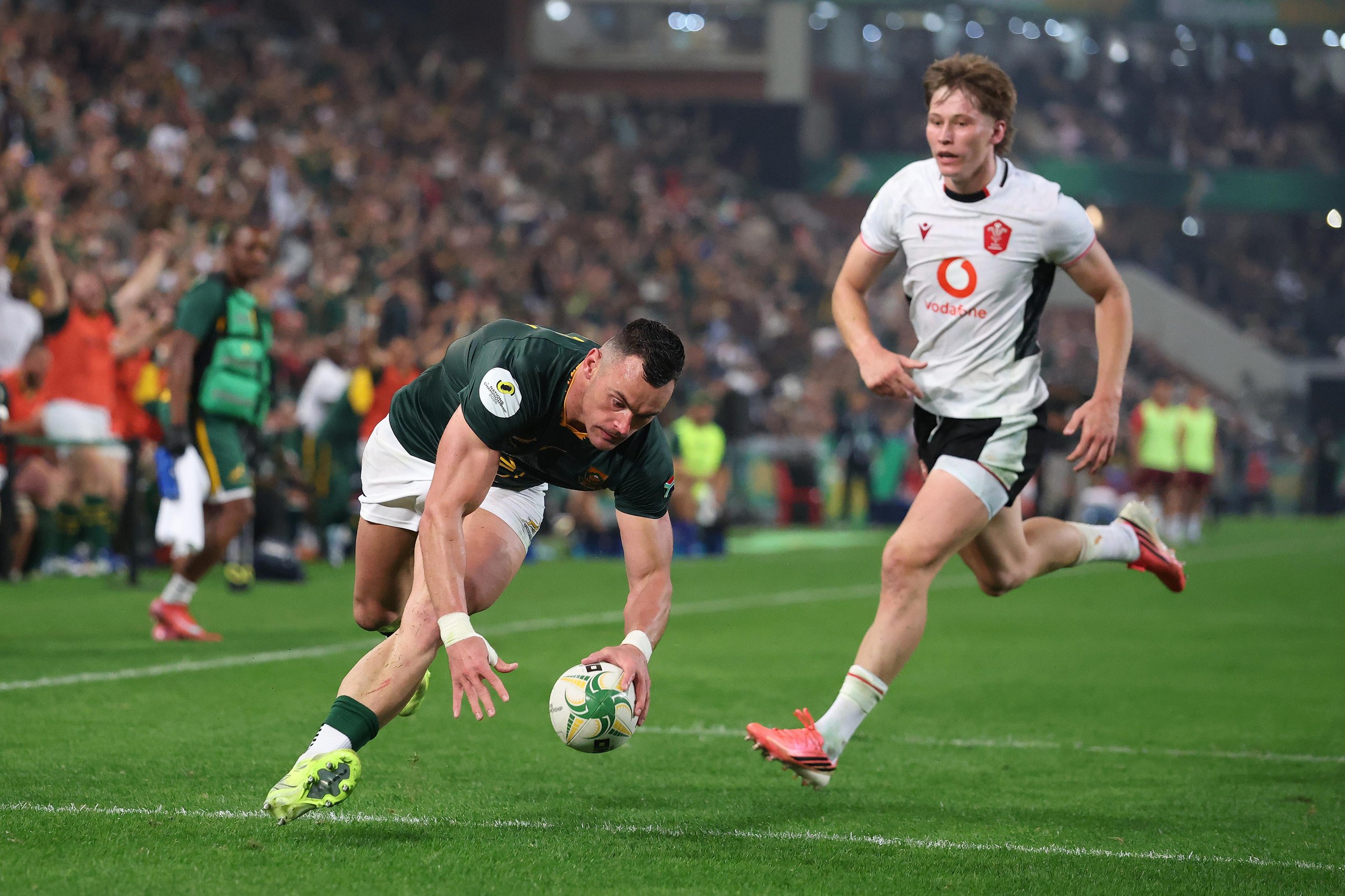 South Africa’s Jesse Kriel goes over for the third
