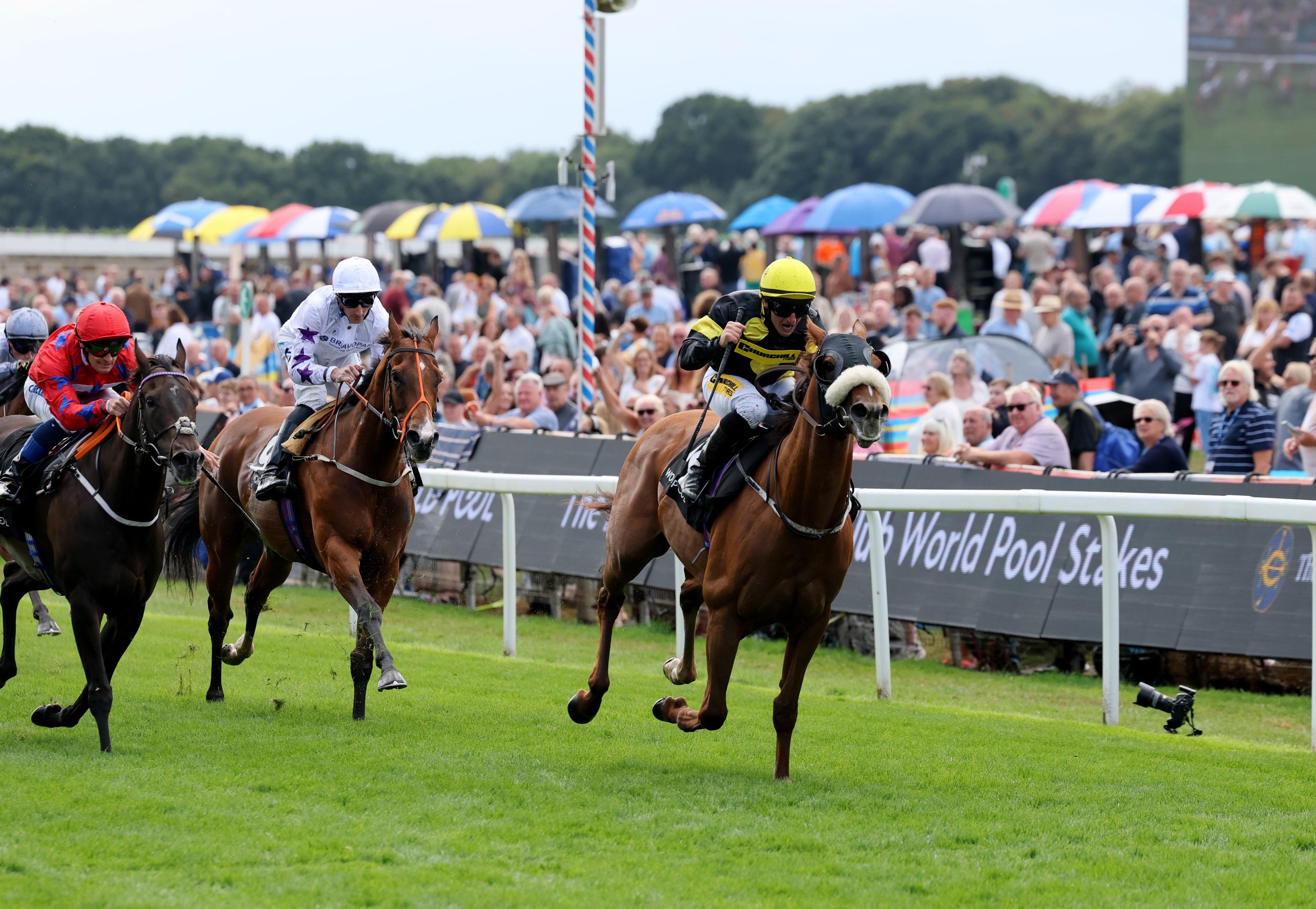 Air Force One ridden by P. J. McDonald on their way to winning the Hong Kong Jockey Club World Pool Handicap at York.