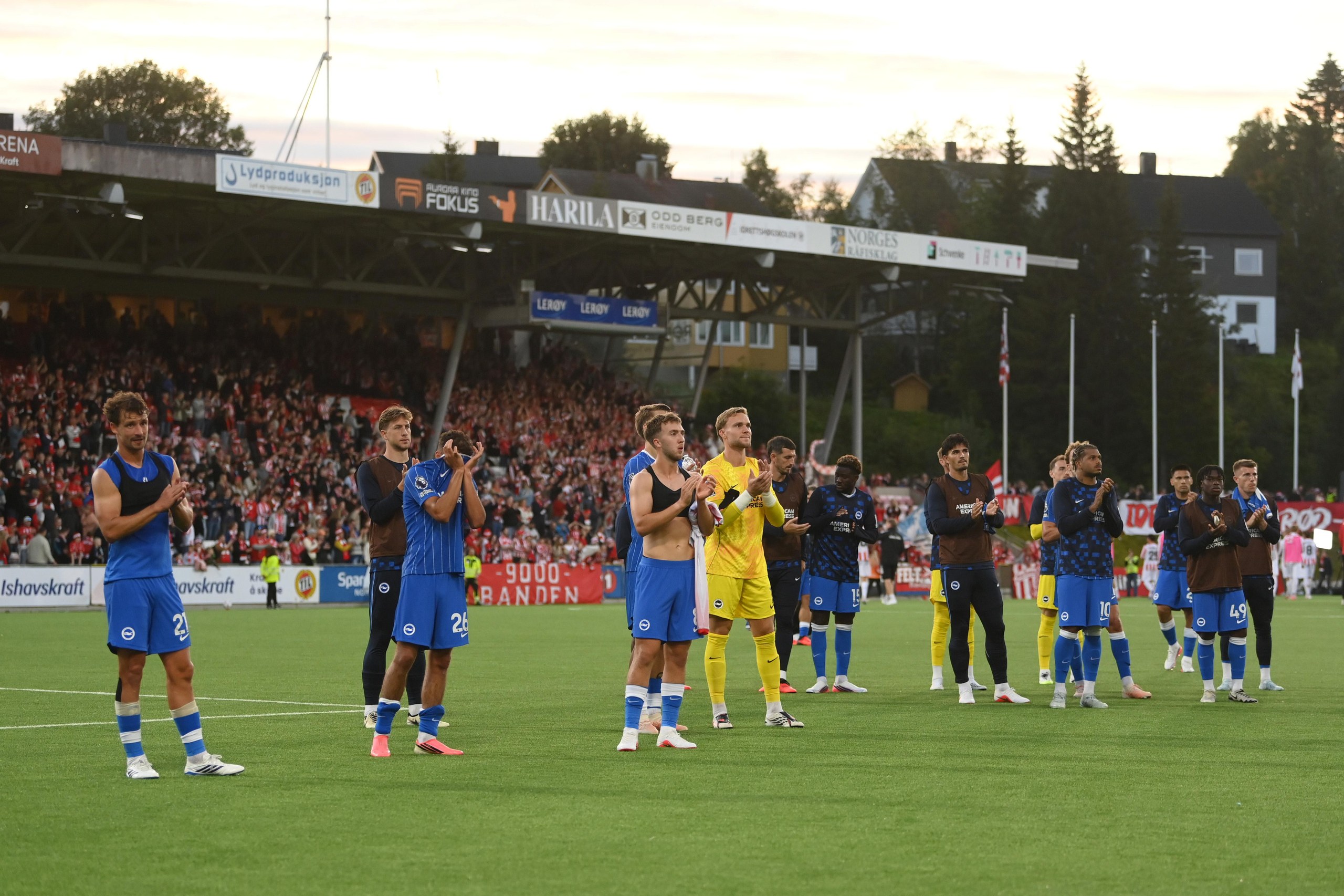 Brighton players applaud the fans after their draw at Tromsø.