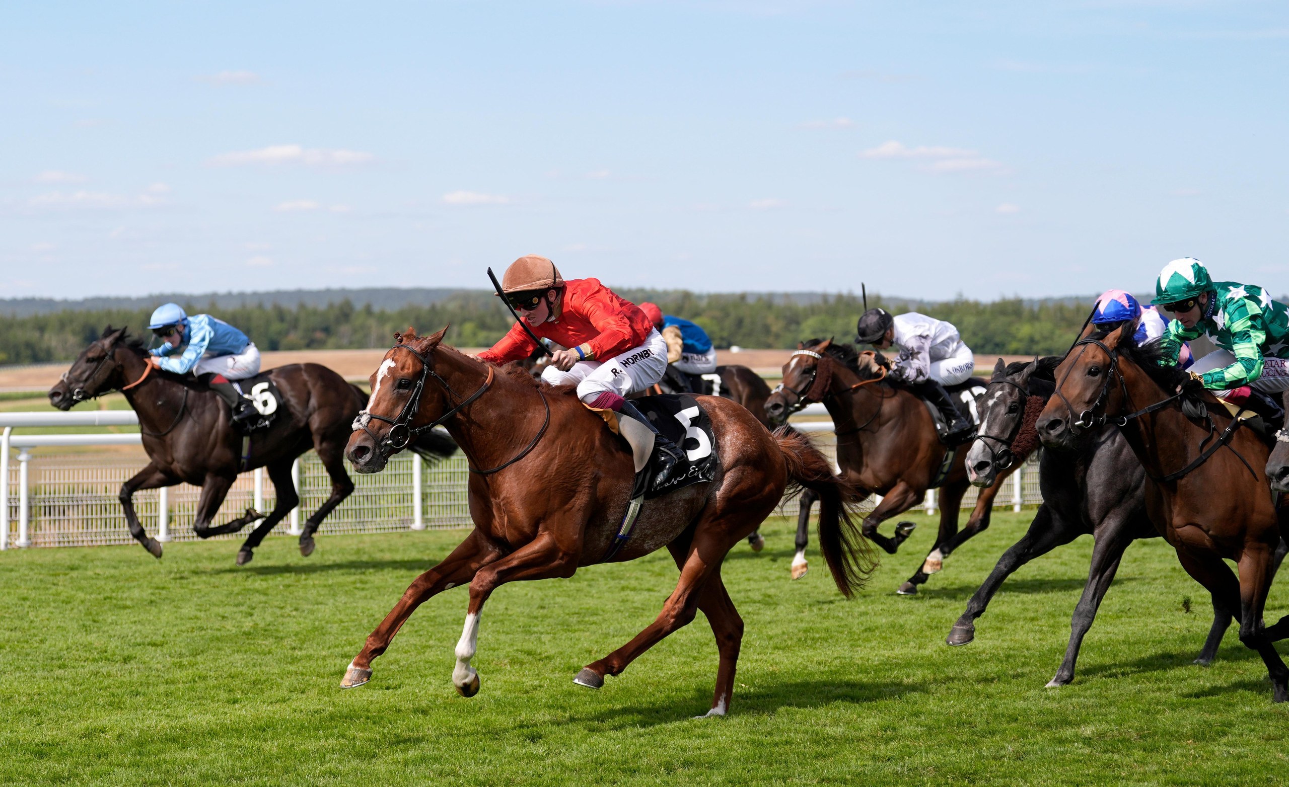 Ghost Mode (in red) ridden by Rob Hornby on their way to winning the Phase Eight Handicap.