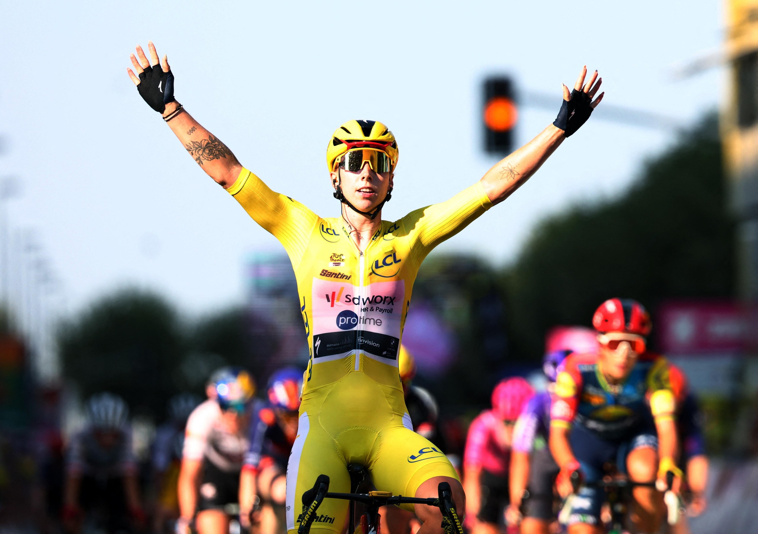 Team SD Worx - Protime's Lorena Wiebes celebrates as she crosses the finish line to win stage 2.