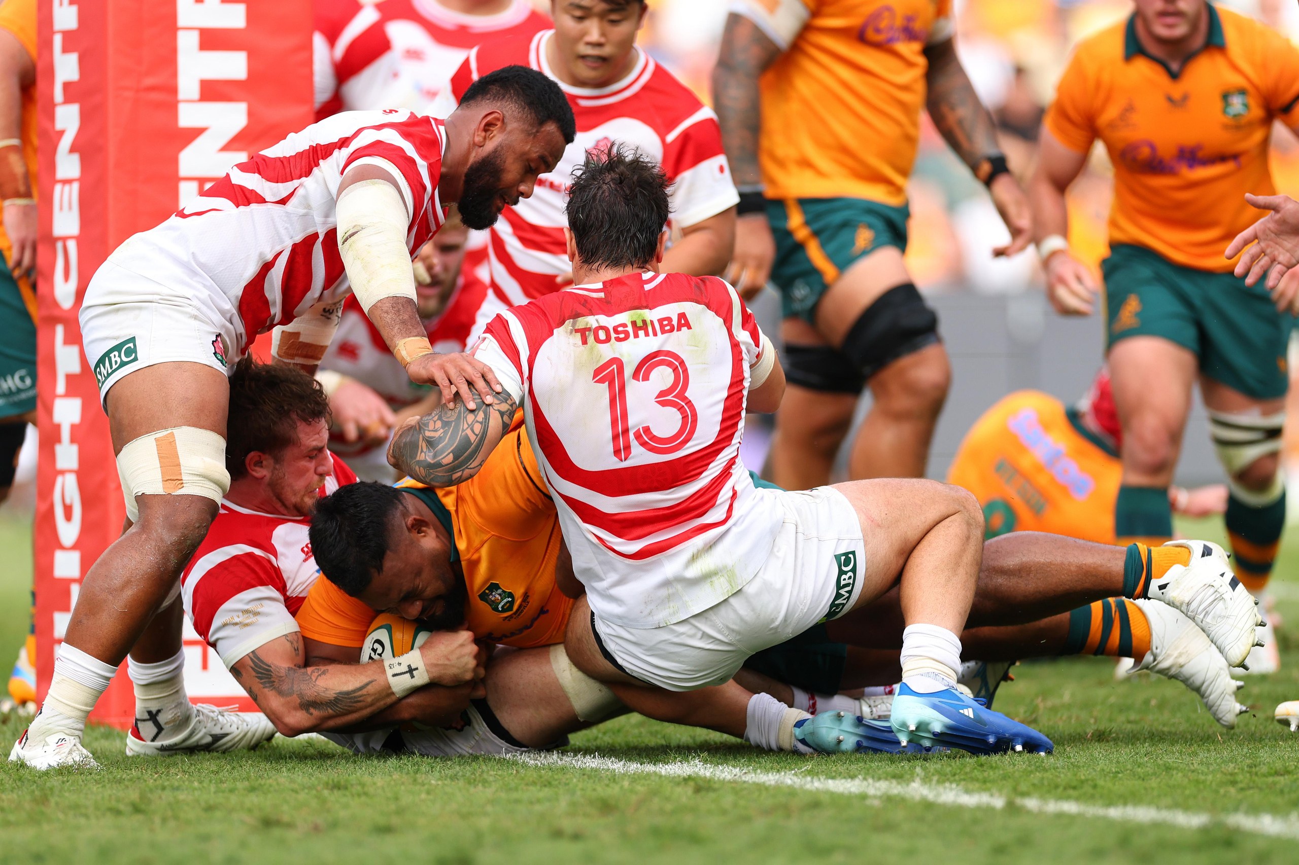 Taniela Tupou crosses the try line for the Wallabies against Japan