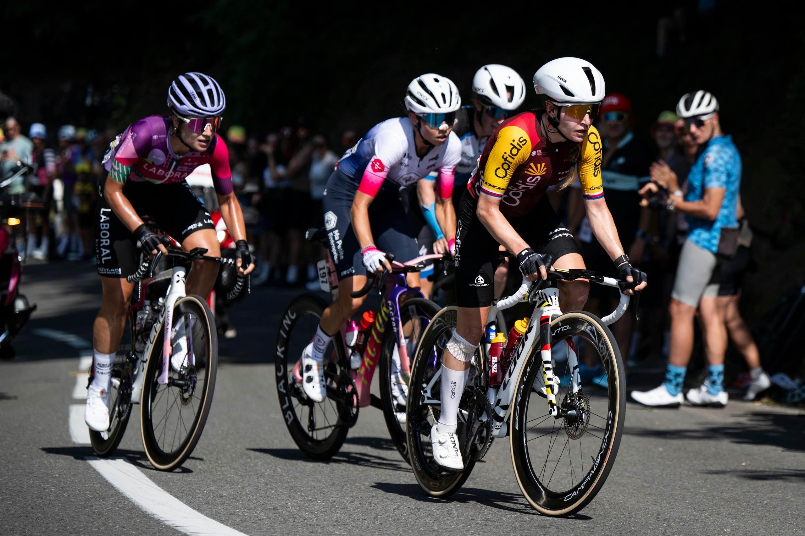 The breakaway with, from right: Noskova , Rijnbeek Mahe and Lasa.