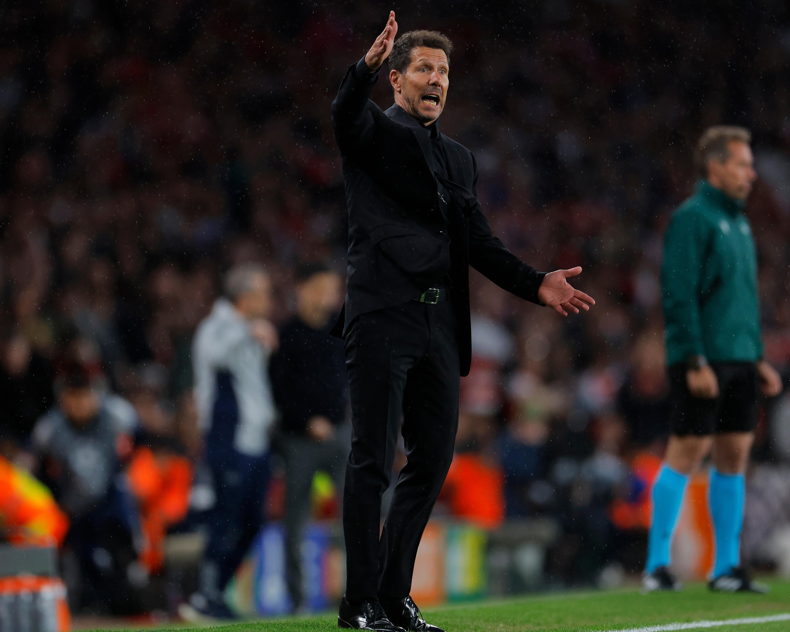 The Atlético Madrid manager Diego Simeone gestures during his team’s Champions League semi-final second leg away to Arsenal.