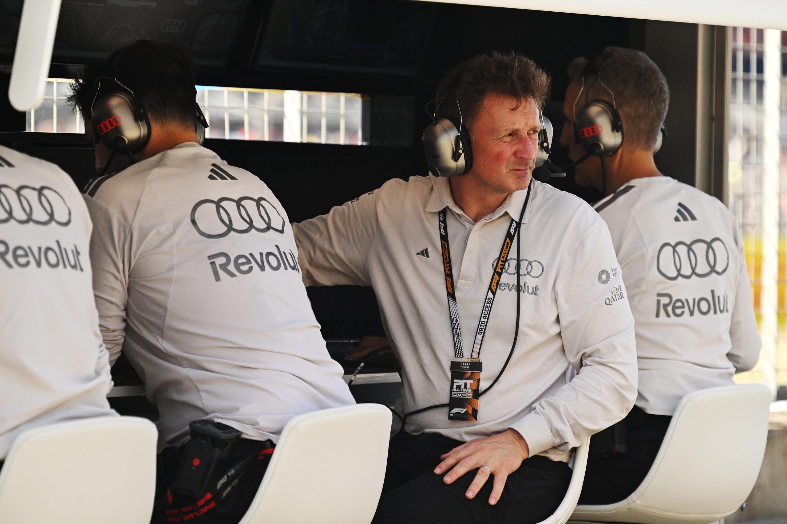 Allan McNish in the pit wall for Audi