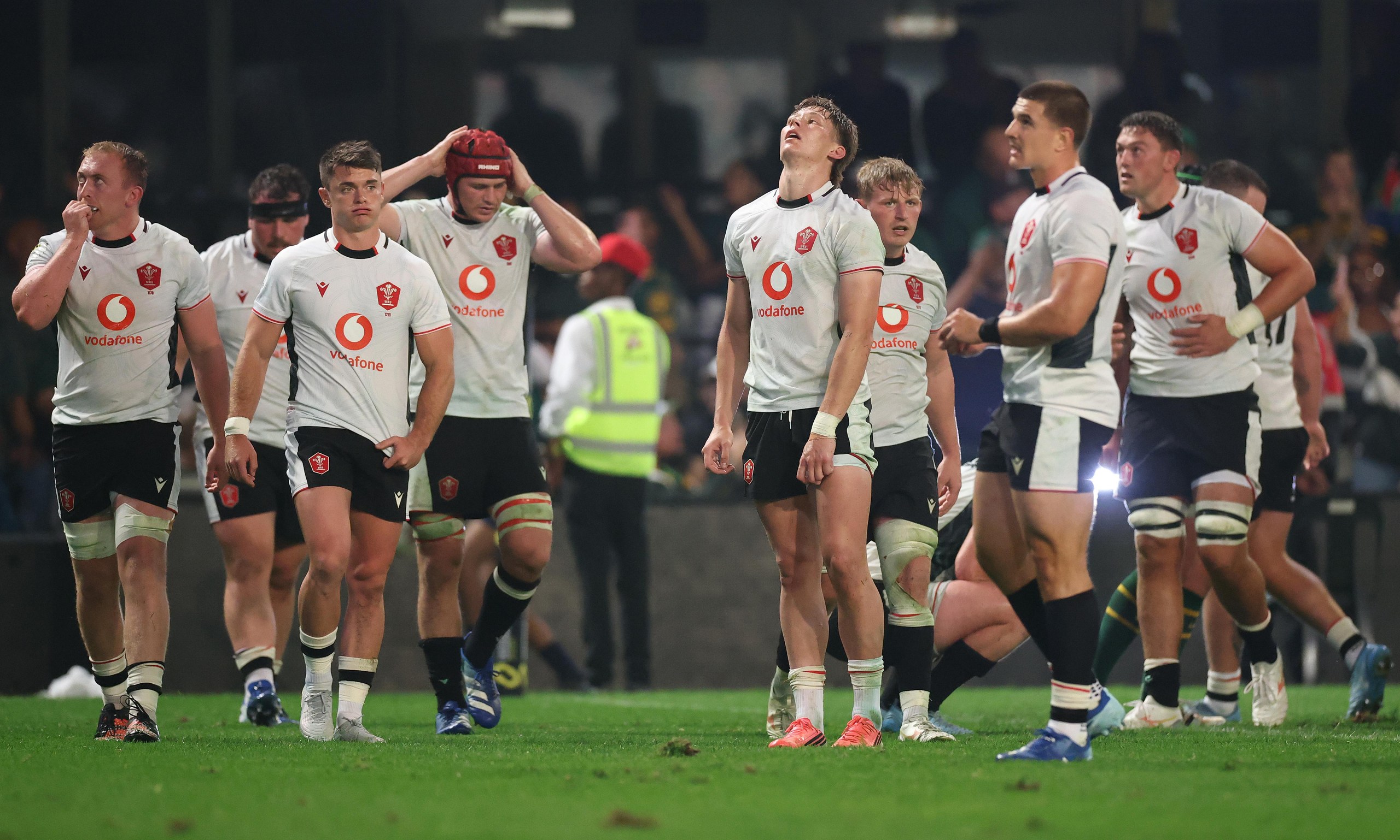 The Wales players react at full-time