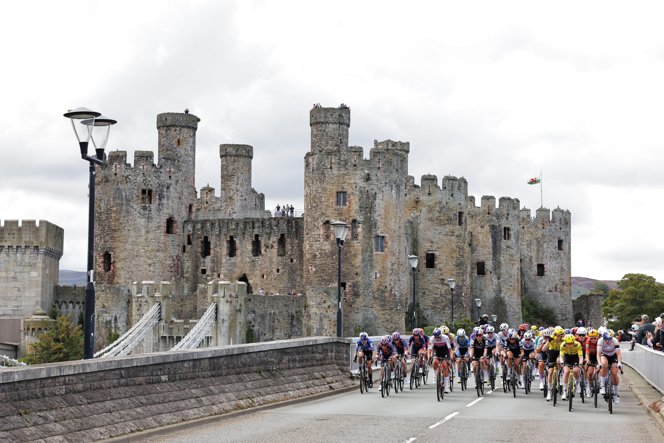 The peloton passes Conwy Castle on Friday