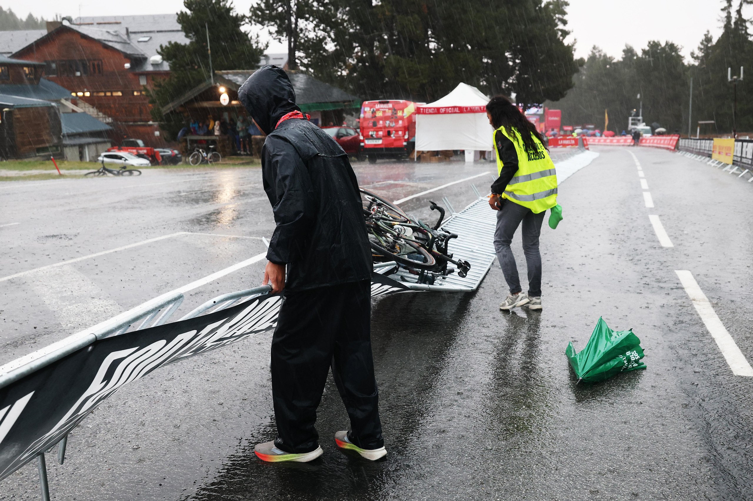 A view of the finish line following the cancellation of the Vuelta stage due to a hailstorm