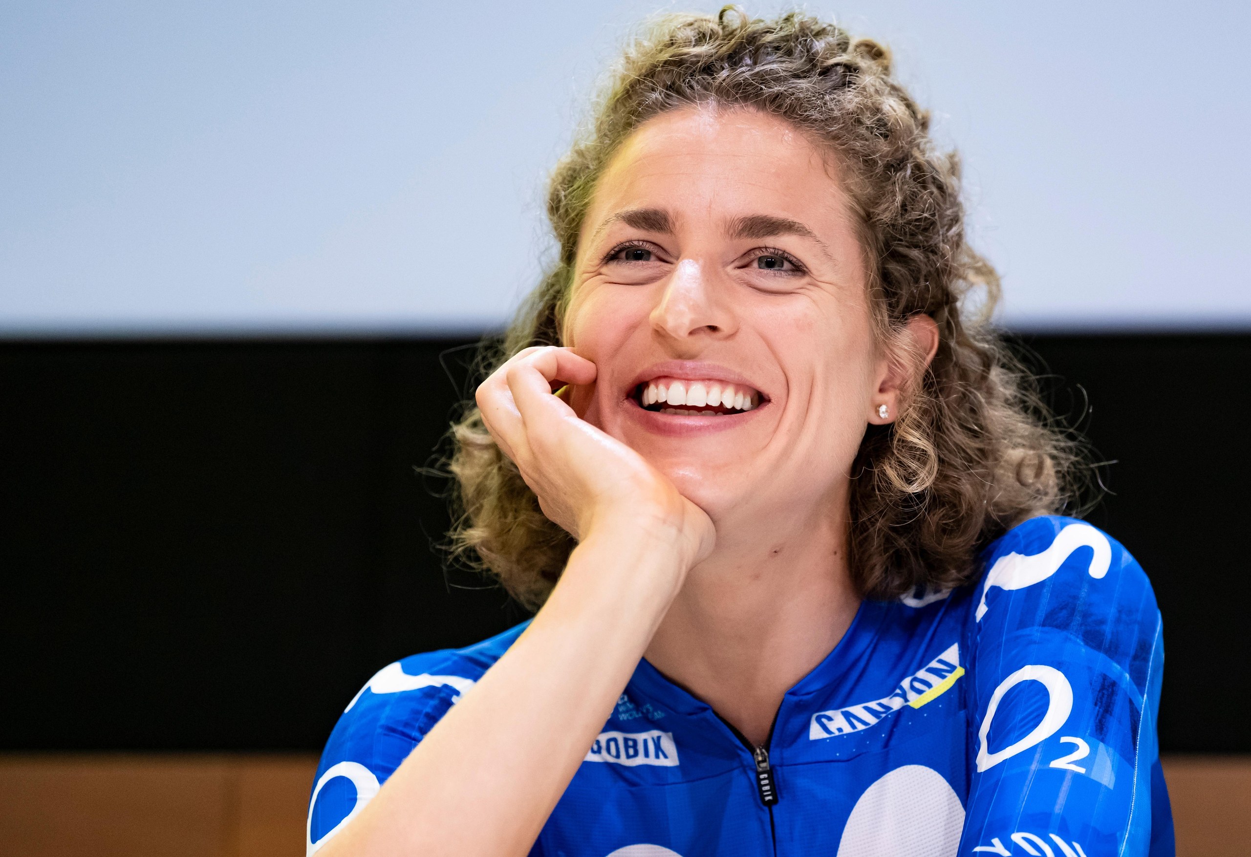 Marlen Reusser of team Movistar smiles during a press conference ahead of the 5th edition of the Women’s Tour de France