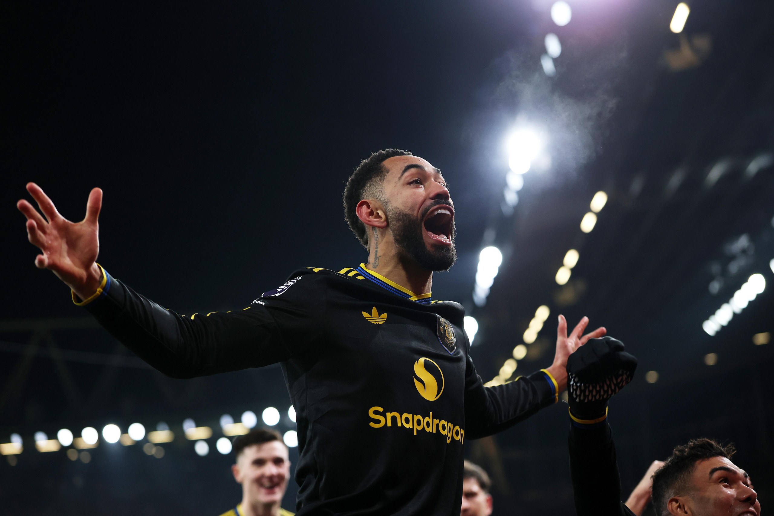 Matheus Cunha of Manchester United celebrates scoring the winning goal at Arsenal in January.
