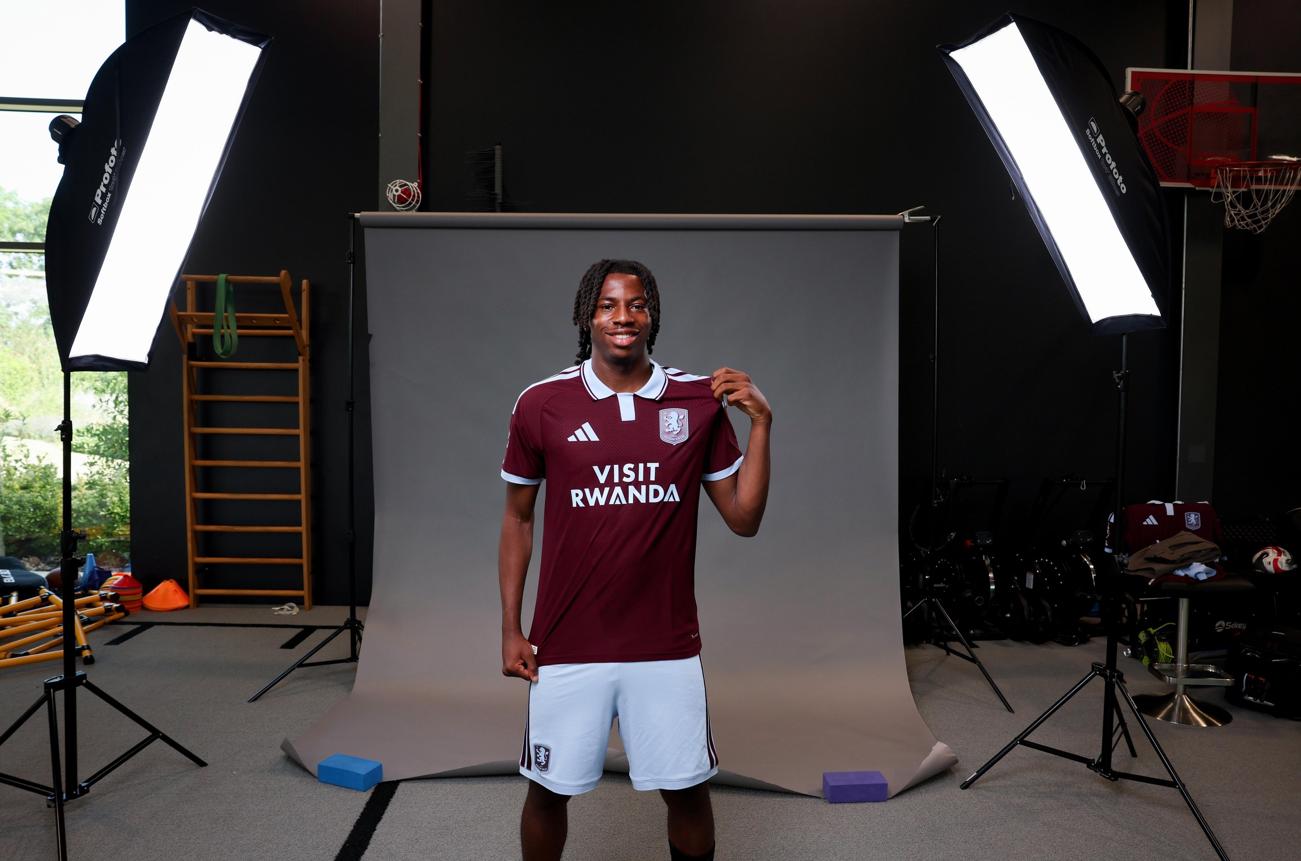 Johan Manzambi of Aston Villa poses for a picture at Bodymoor Heath training ground on July 17, 2026 in Birmingham, England.