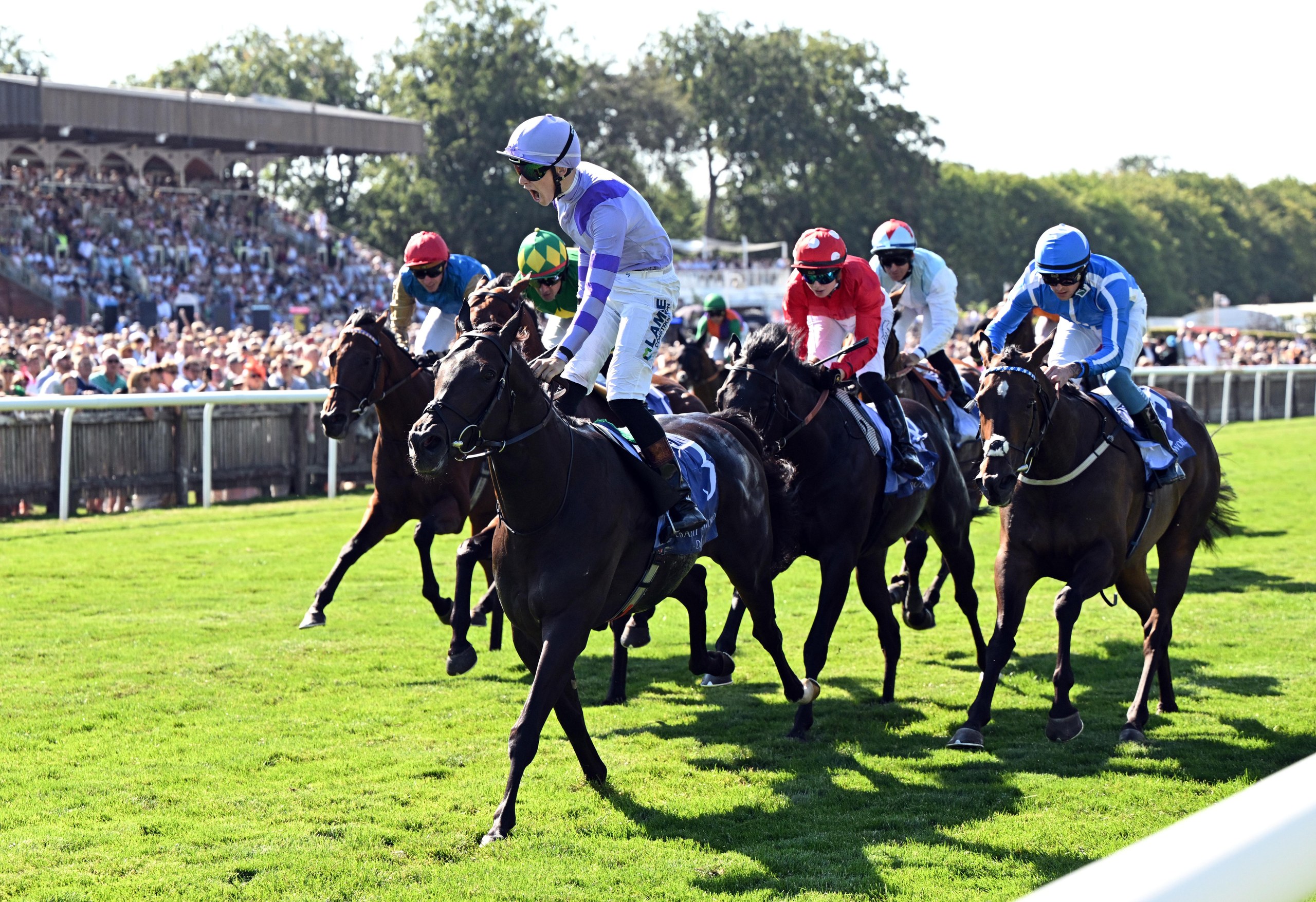 Billy Loughnane out of his saddle as heads to victory on Comanche Brave.