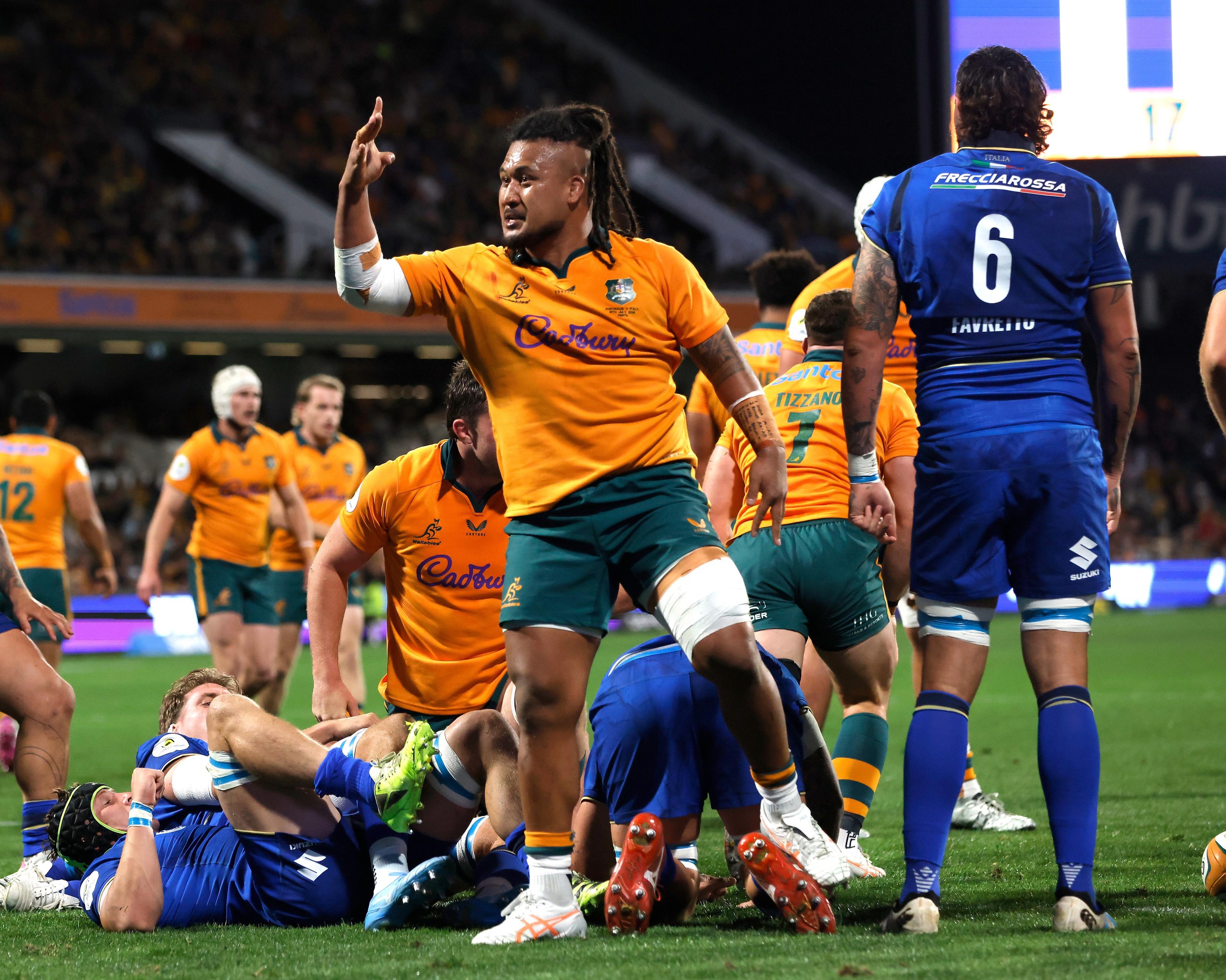 Brandon Paenga-Amosa celebrates a try for the Wallabies during the Nations Championship rugby Test against Italy