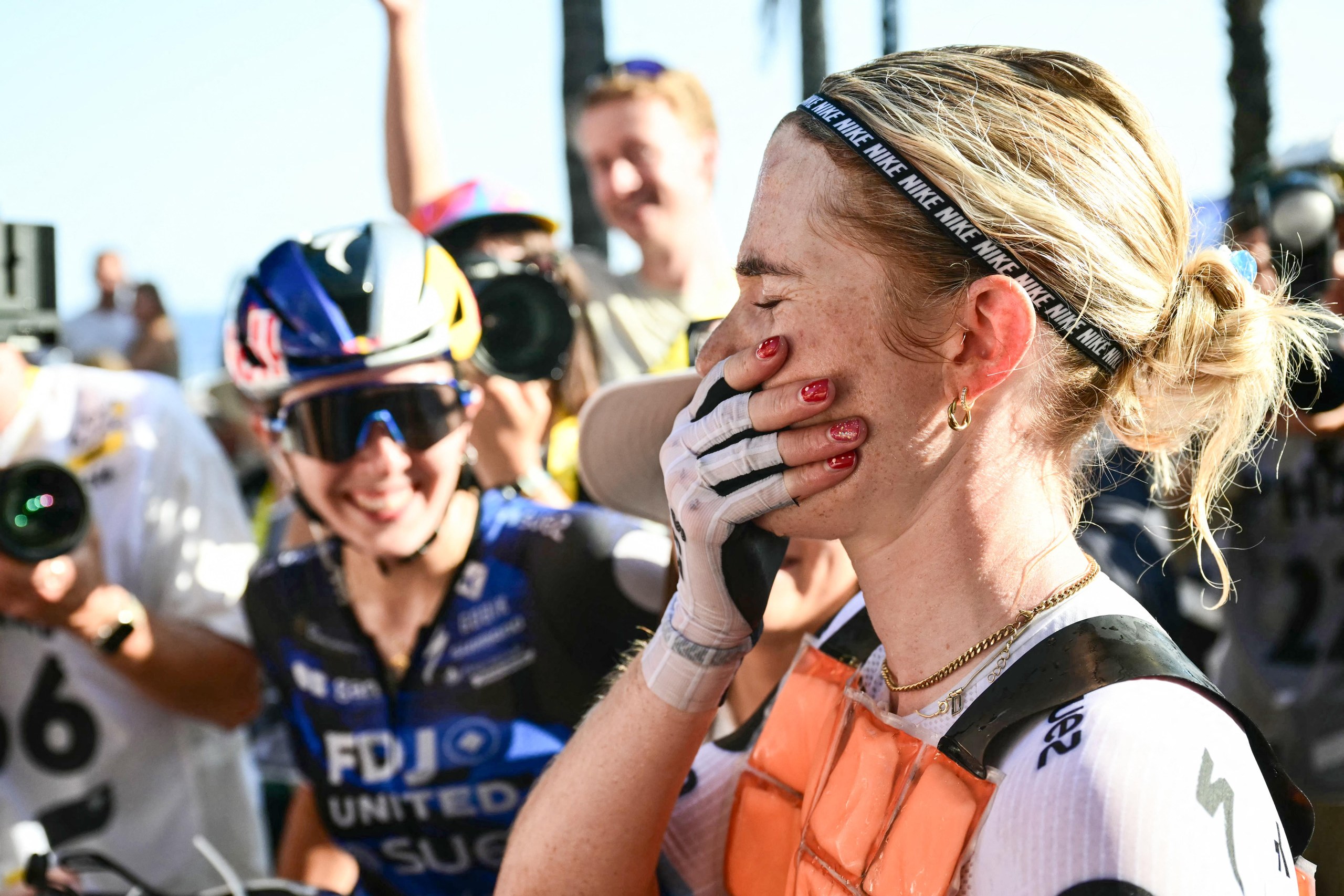 FDJ United-Suez's Demi Vollering reacts after winning the stage.