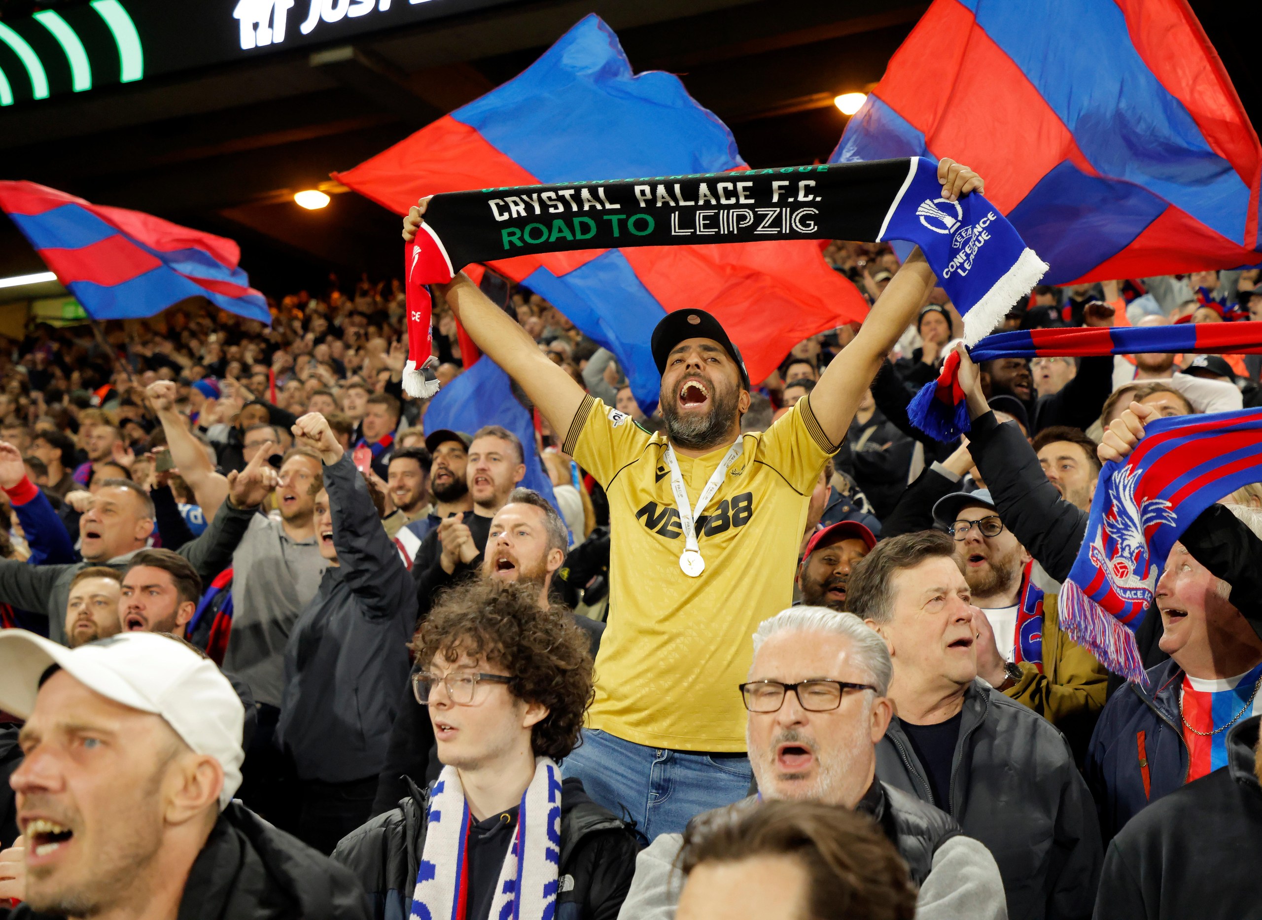 Crystal Palace fans celebrate victory after the UEFA Conference League semi-final second leg match against Shakhtar Donetsk.