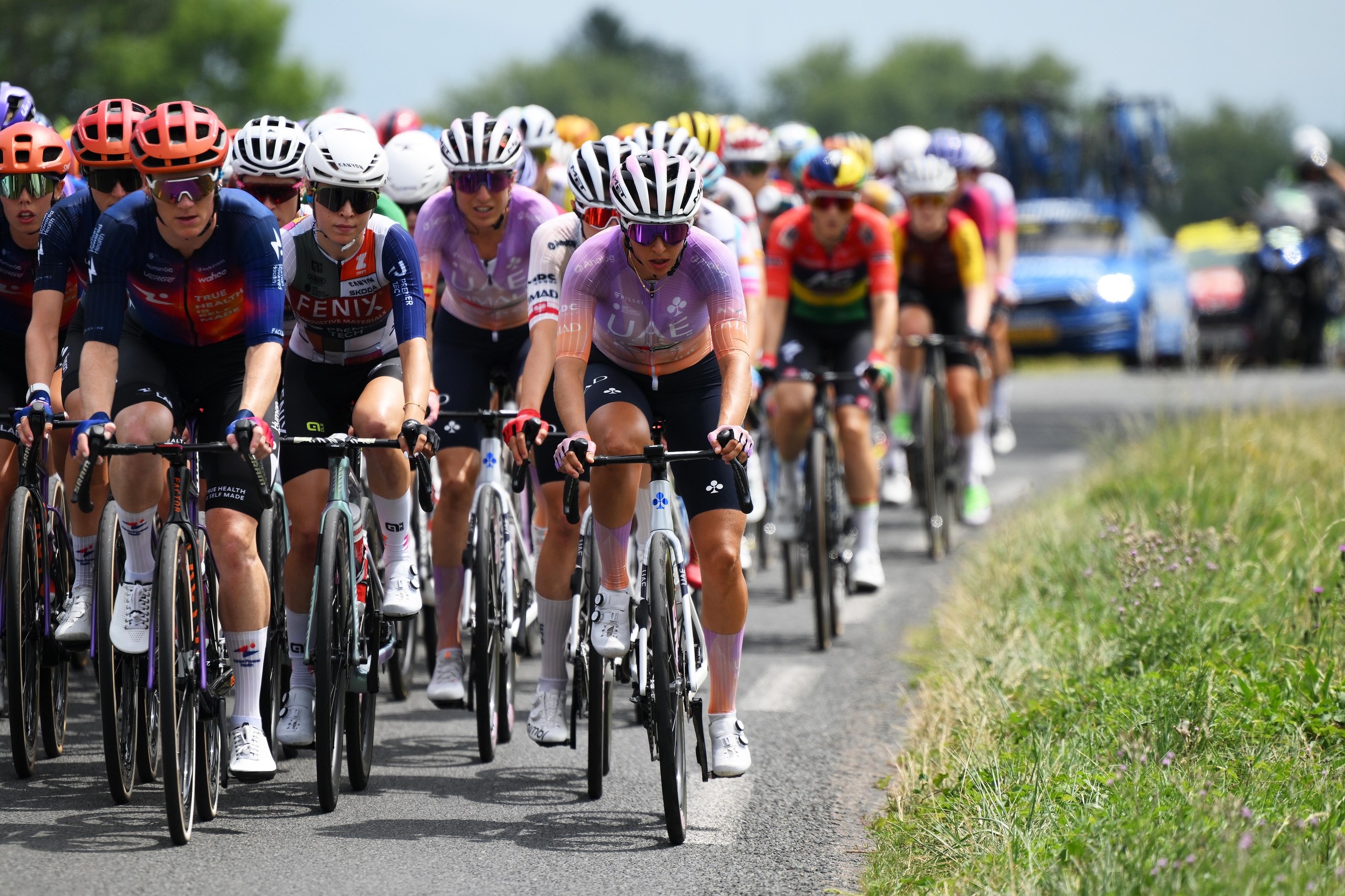 Lily Williams of United States and Team Human Powered Health and Silvia Persico of Italy and UAE Team ADQ prior to the 5th Tour de France Femmes 2026