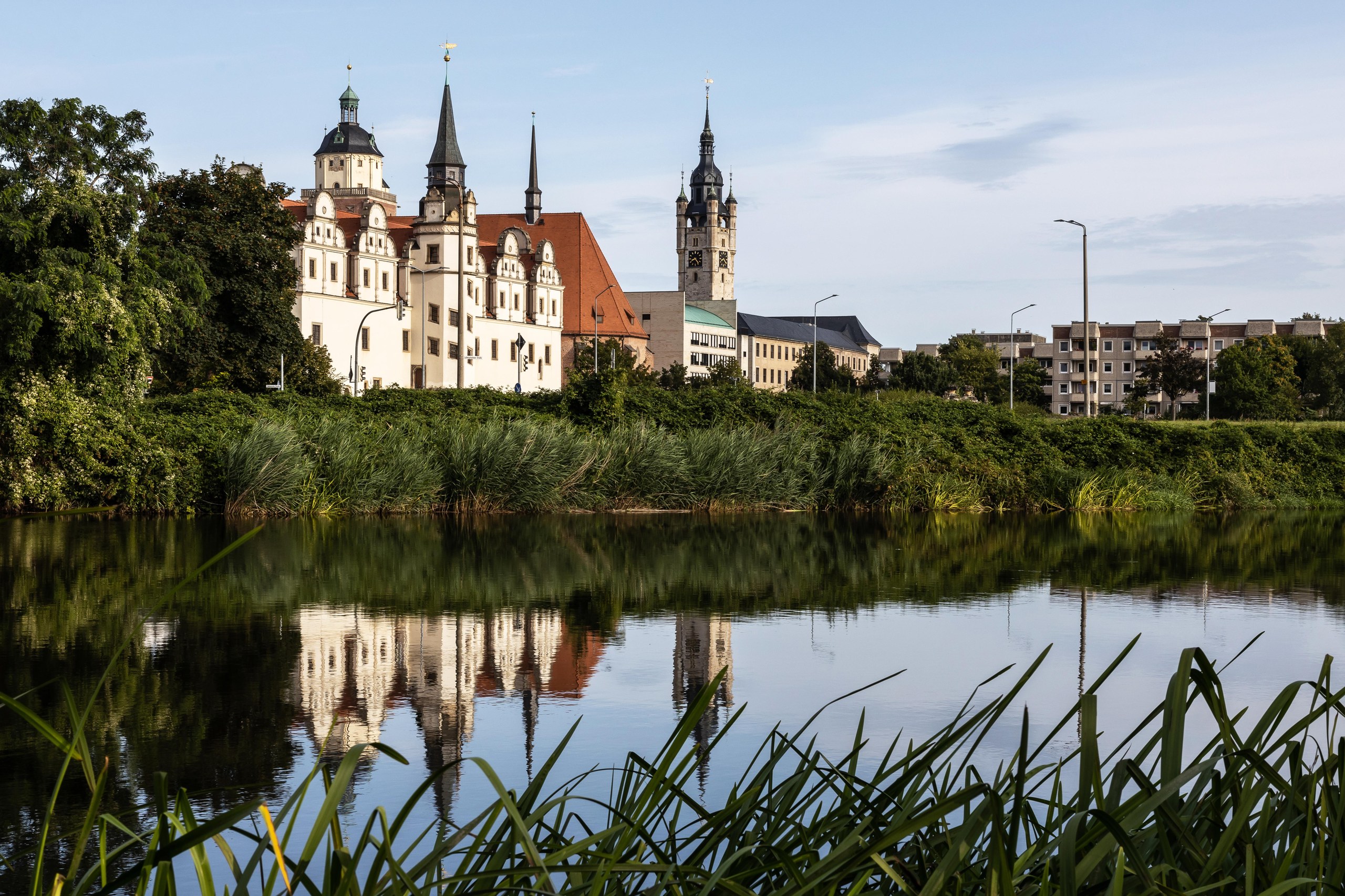 Dessau historic skyline (Saxony-Anhalt, Germany)Dessau is a town in Germany next to river Mulde, in the Federal State of Saxony-Anhalt. Since 1 July 2007, it has been part of the newly created municipality of Dessau-Roßlau. Picture shows the historic skyline of the former old town of the city: Residential Palace, also known as "Dessau City Palace", which was the residence of the princes and dukes of "Anhalt-Dessau". Today only the so-called "Johannbau" (former west wing and oldest part of the castle) remains. Next to the castle the Marienkirche and the tower of the town hall.